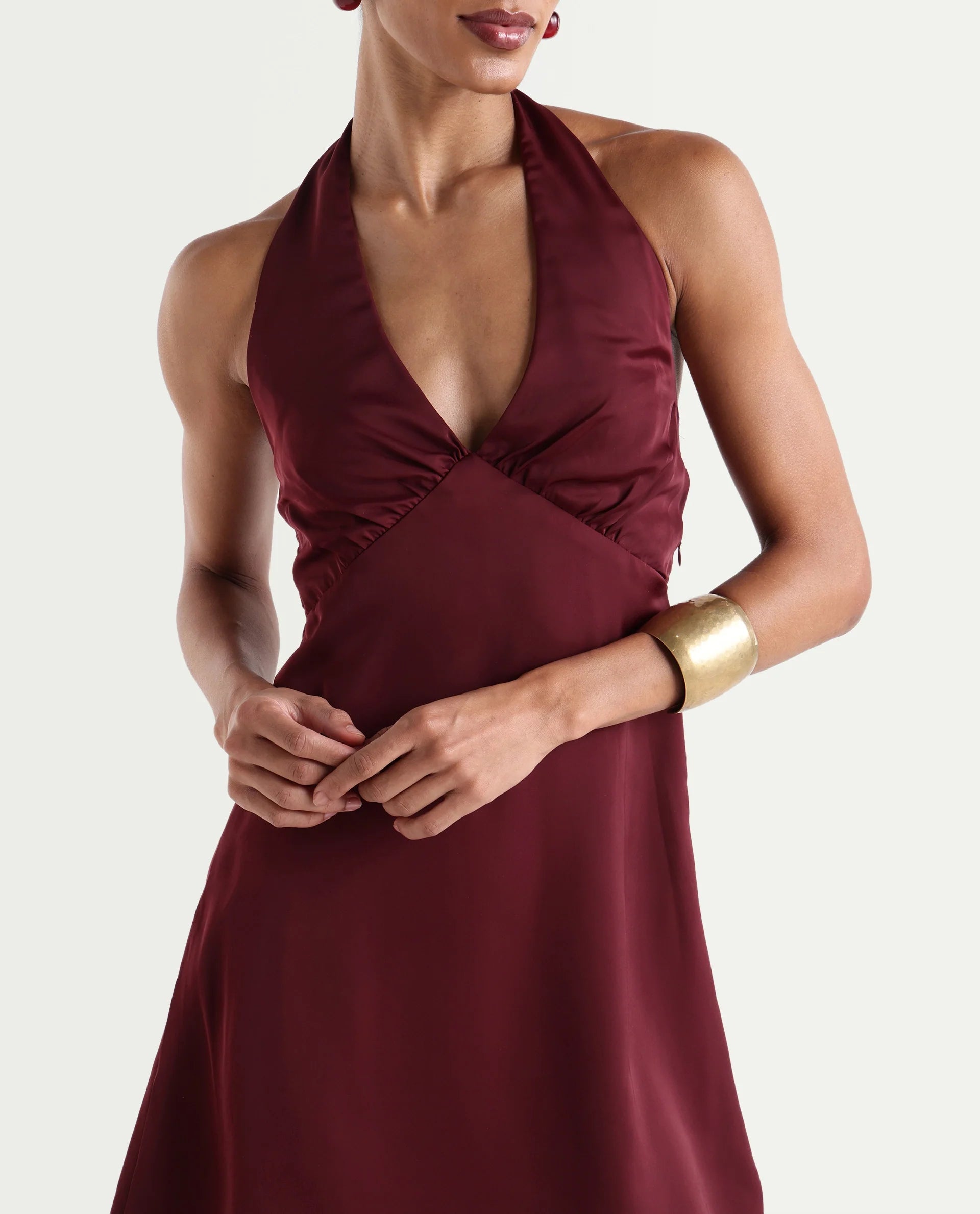 Rareism Women's Petun Dark Maroon Polyester Halter Neck Elastic Fitted Plain Dress