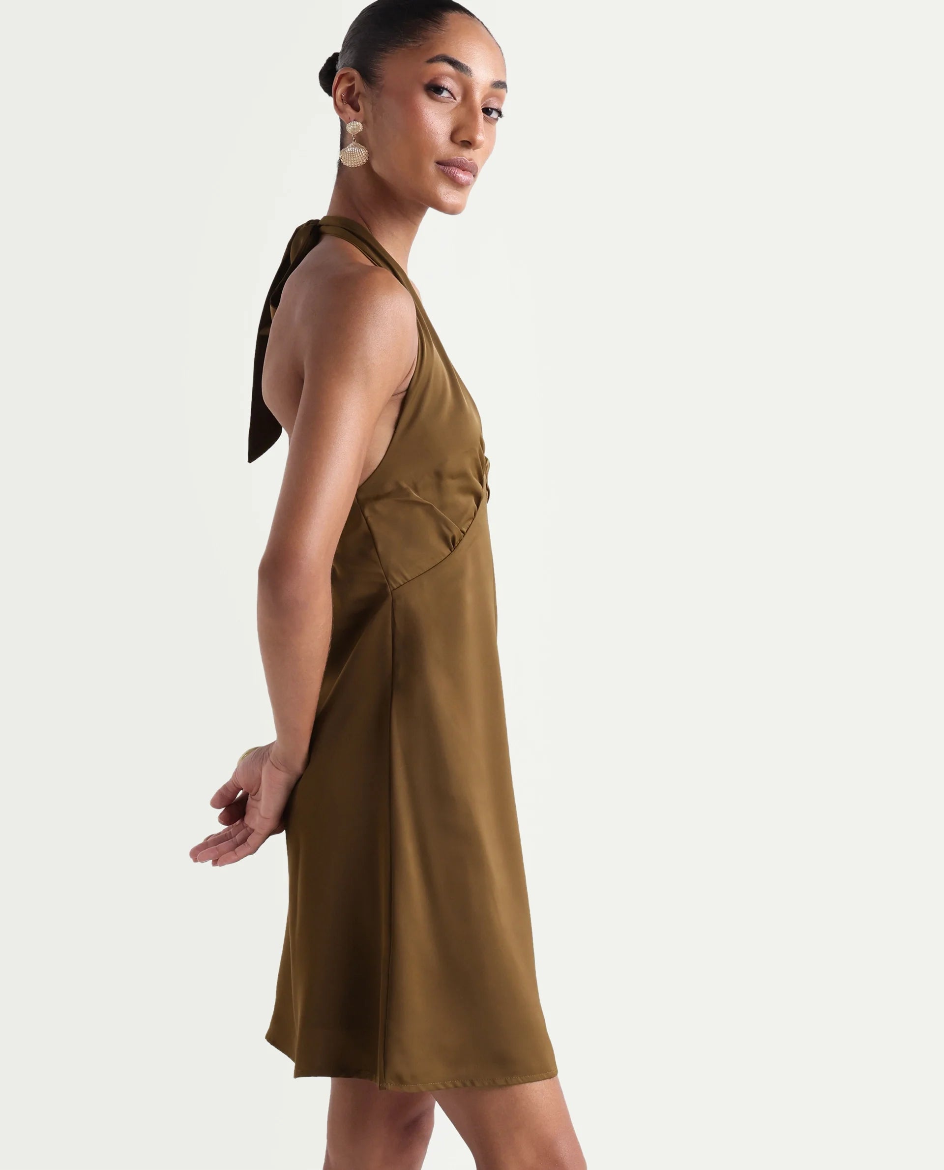 Rareism Women's Petun Dark Gold Polyester Halter Neck Elastic Fitted Plain Dress