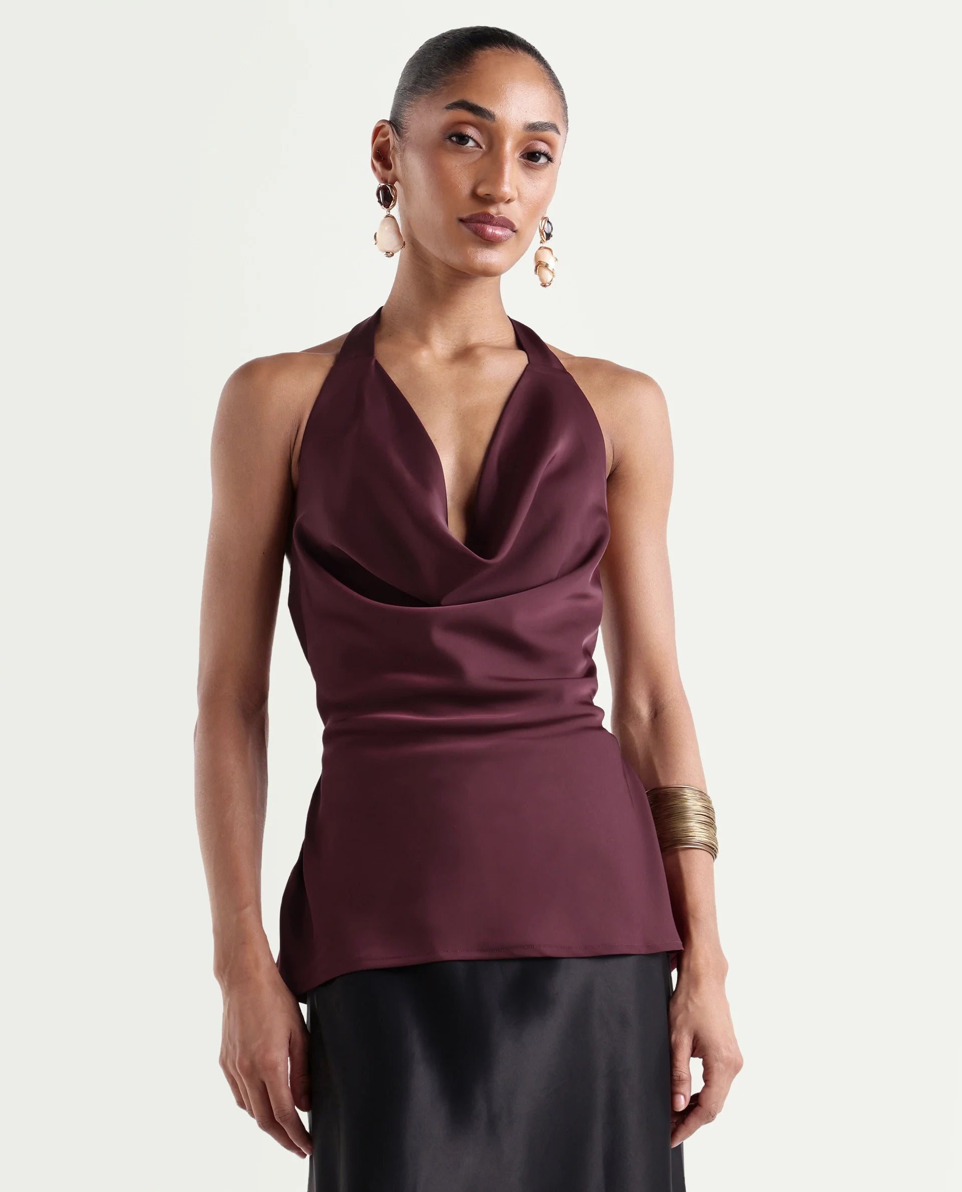 Rareism Women's Petzy Dark Maroon Polyester Cowl Neck Tie-Up Regular Plain Top