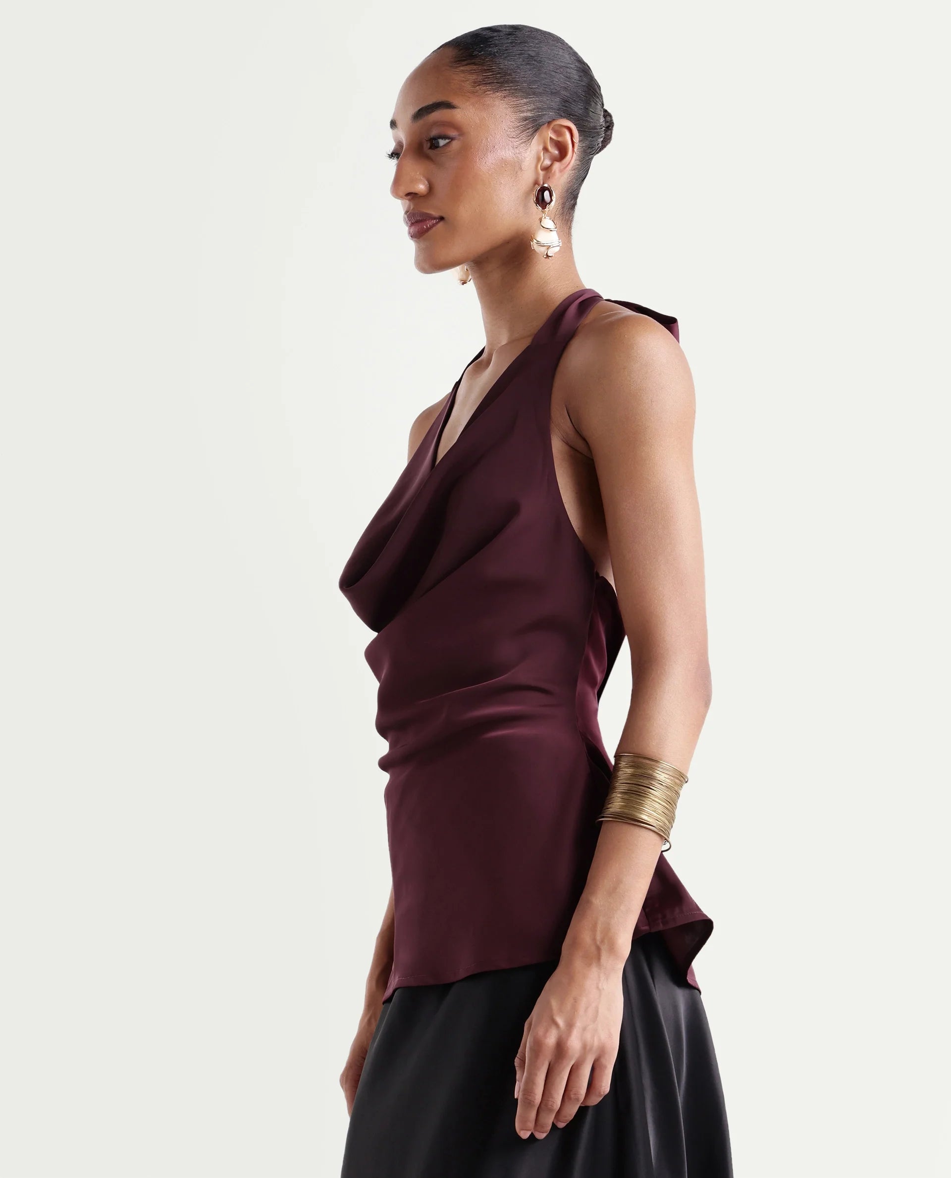 Rareism Women's Petzy Dark Maroon Polyester Cowl Neck Tie-Up Regular Plain Top