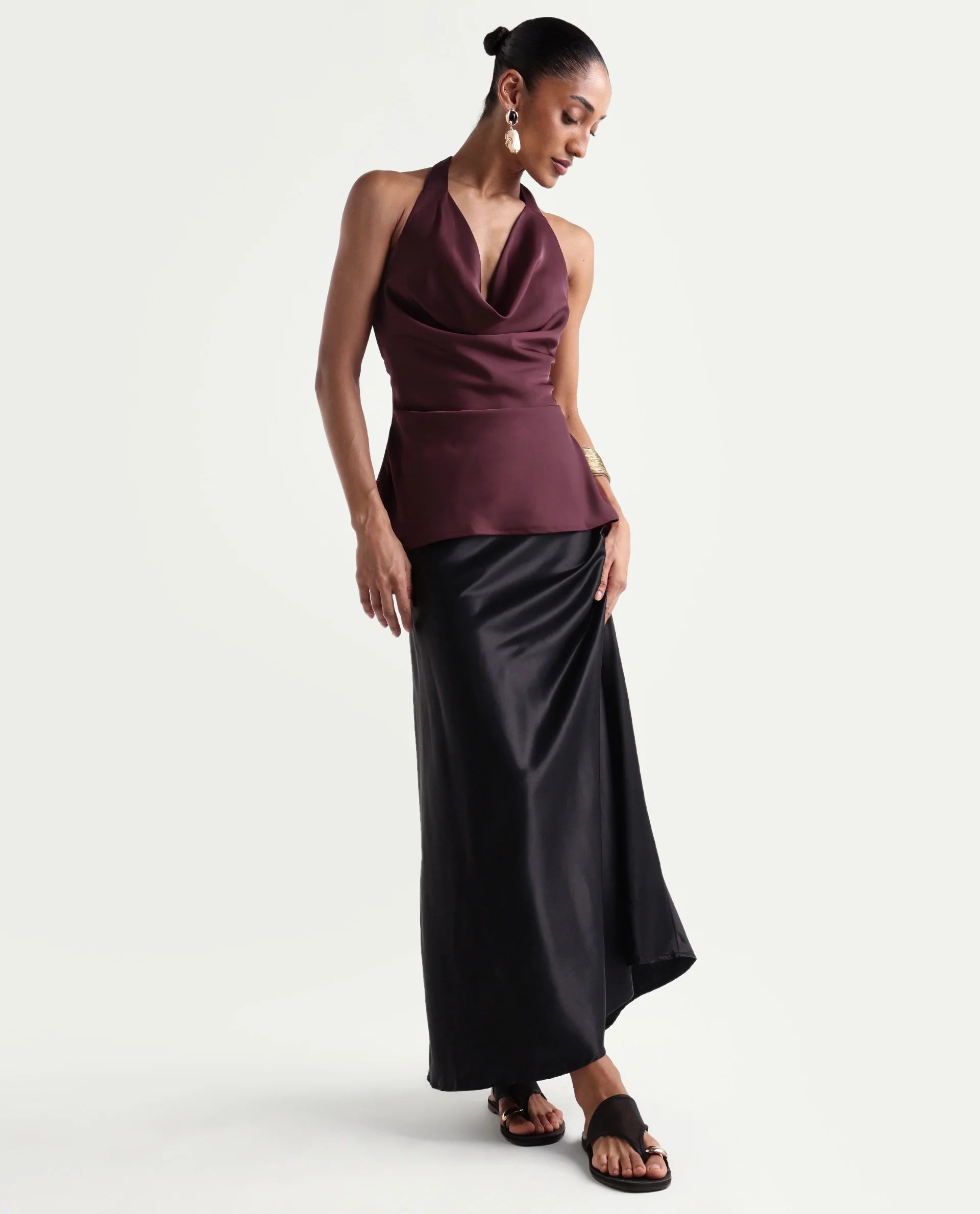 Rareism Women's Petzy Dark Maroon Polyester Cowl Neck Tie-Up Regular Plain Top