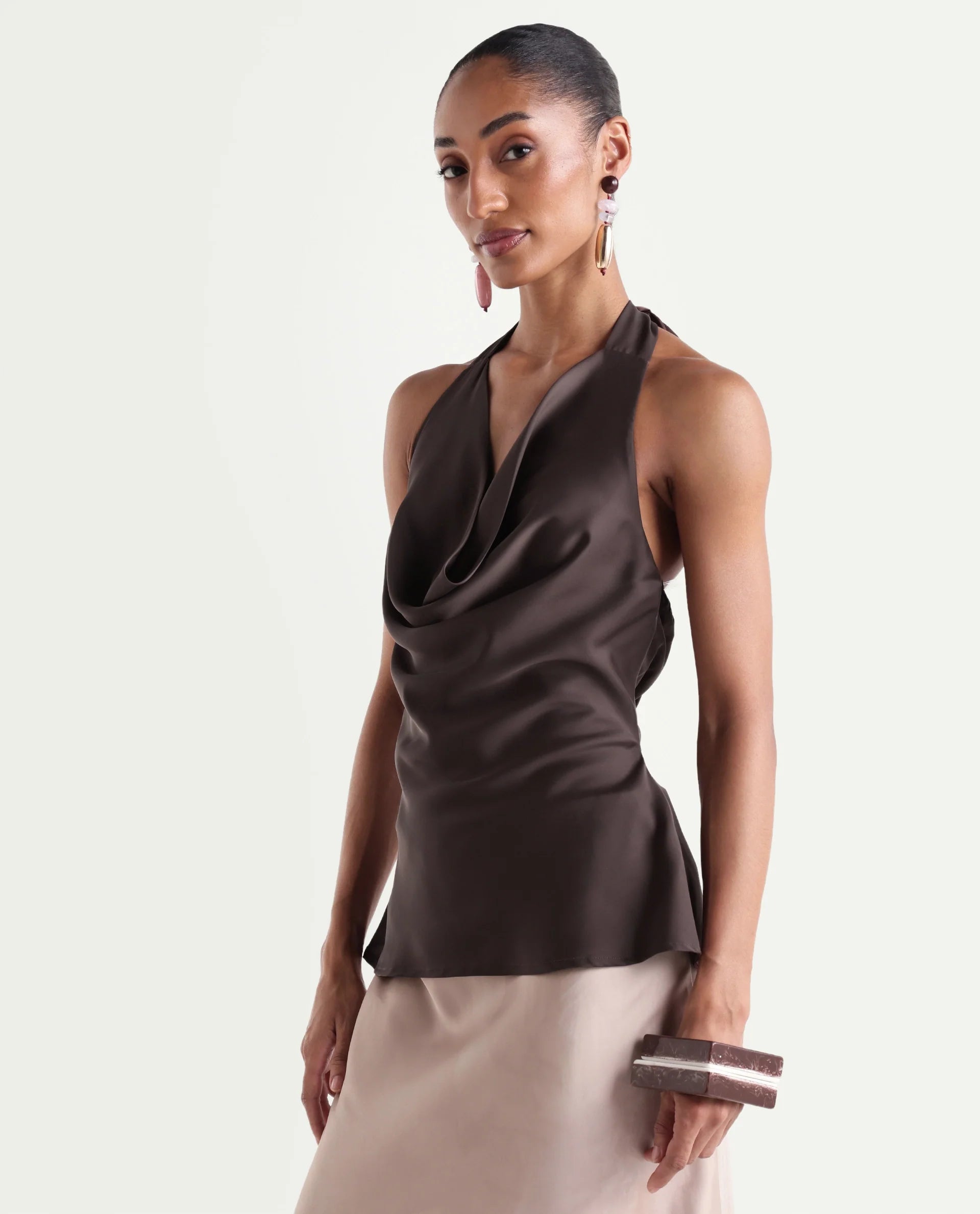 Rareism Women's Petzy Dark Brown Polyester Cowl Neck Tie-Up Regular Plain Top