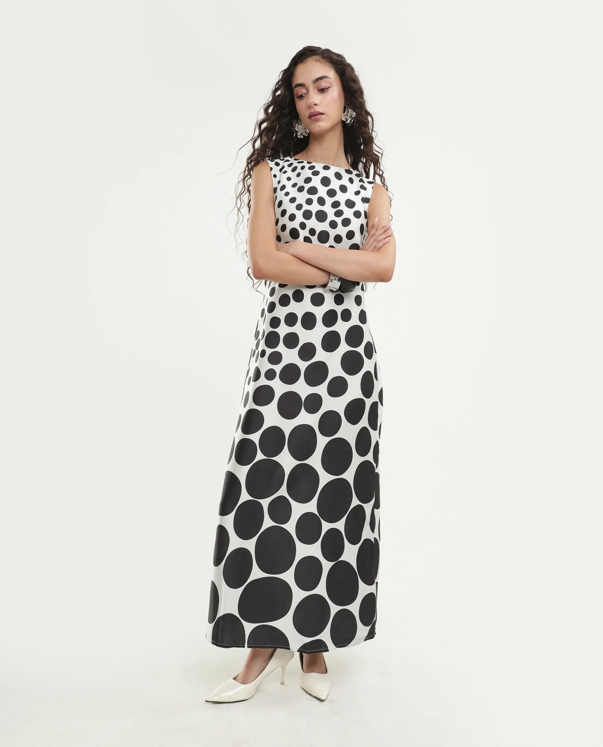 Rareism Women's Polko White Polyester Boat Neck Button And Zip Fitted Polka Print Dress