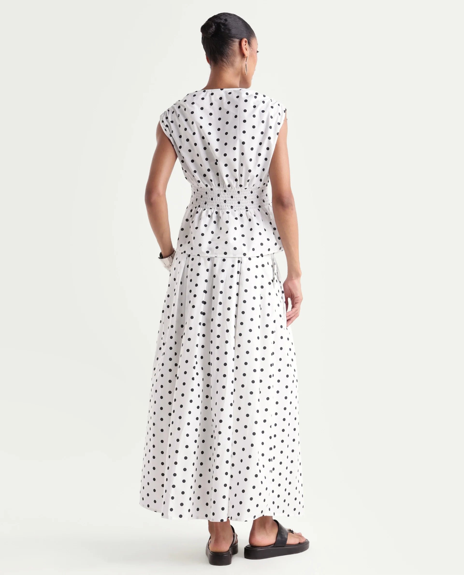Rareism Women's Polto-B Off White Cotton Button And Zip Flared Polka Print Skirt