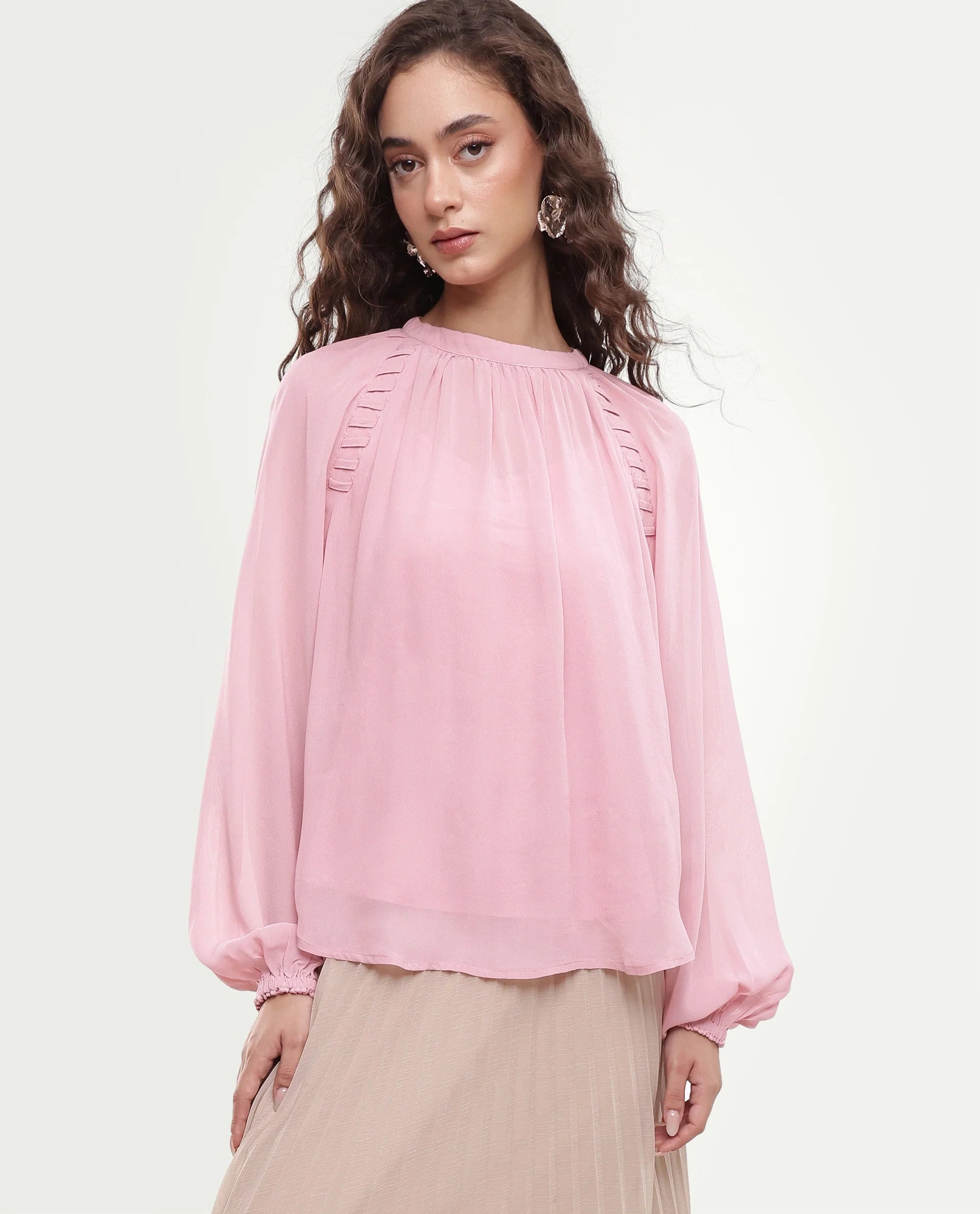 Rareism Women's Rumor Pastel Pink Viscose Fabric Band Collar Oversized Plain Top