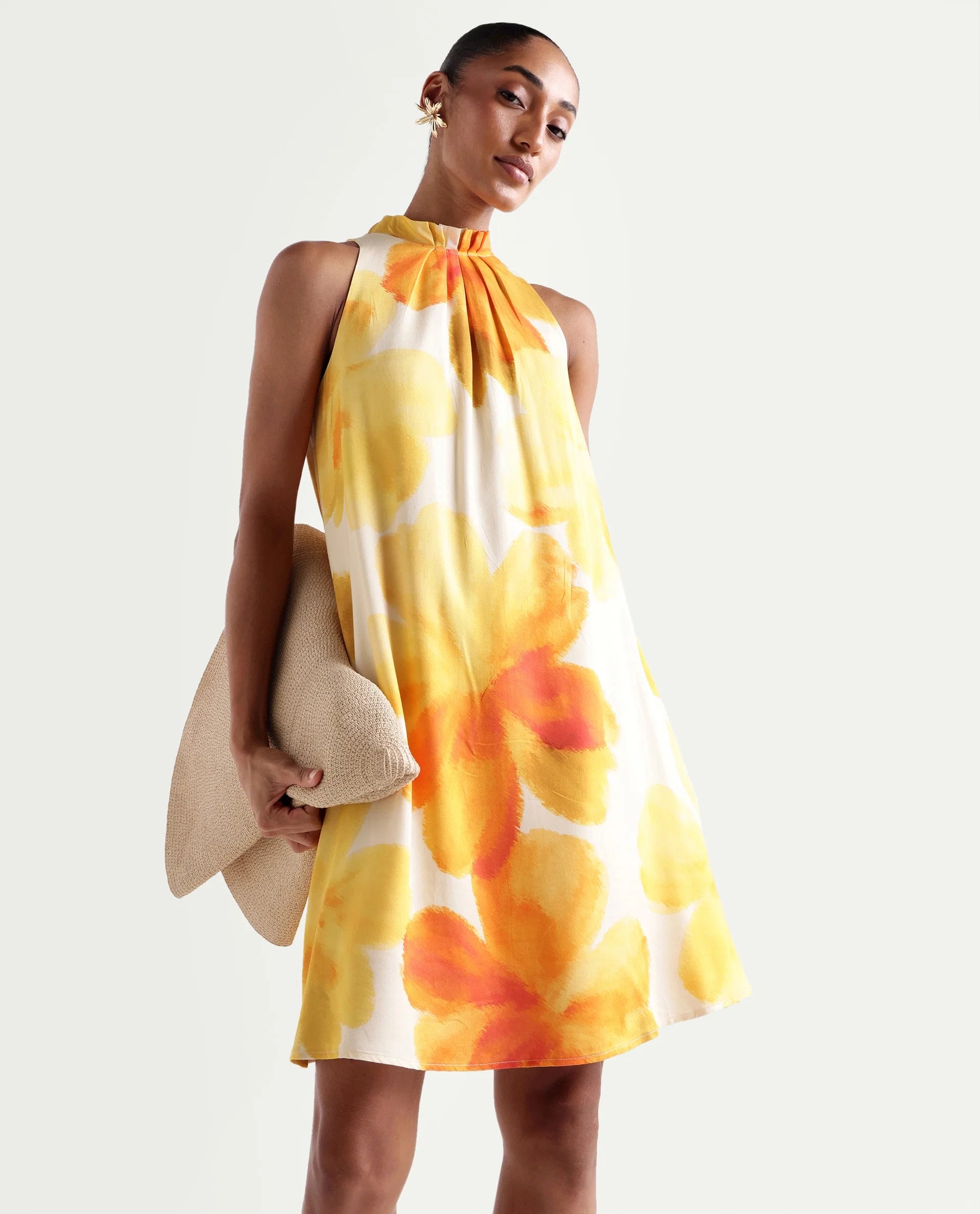 Rareism Women's Rusin Yellow Cotton Satin Halter Neck A-Line Floral Print Dress