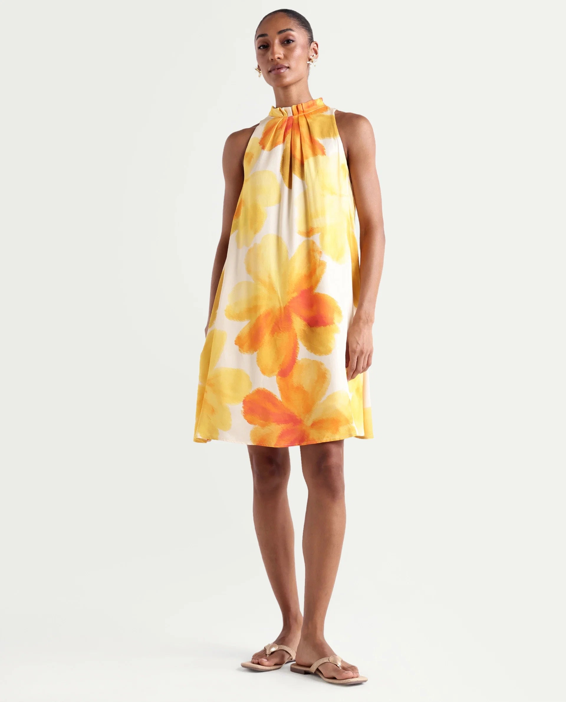 Rareism Women's Rusin Yellow Viscose Halter Neck A-Line Floral Print Dress