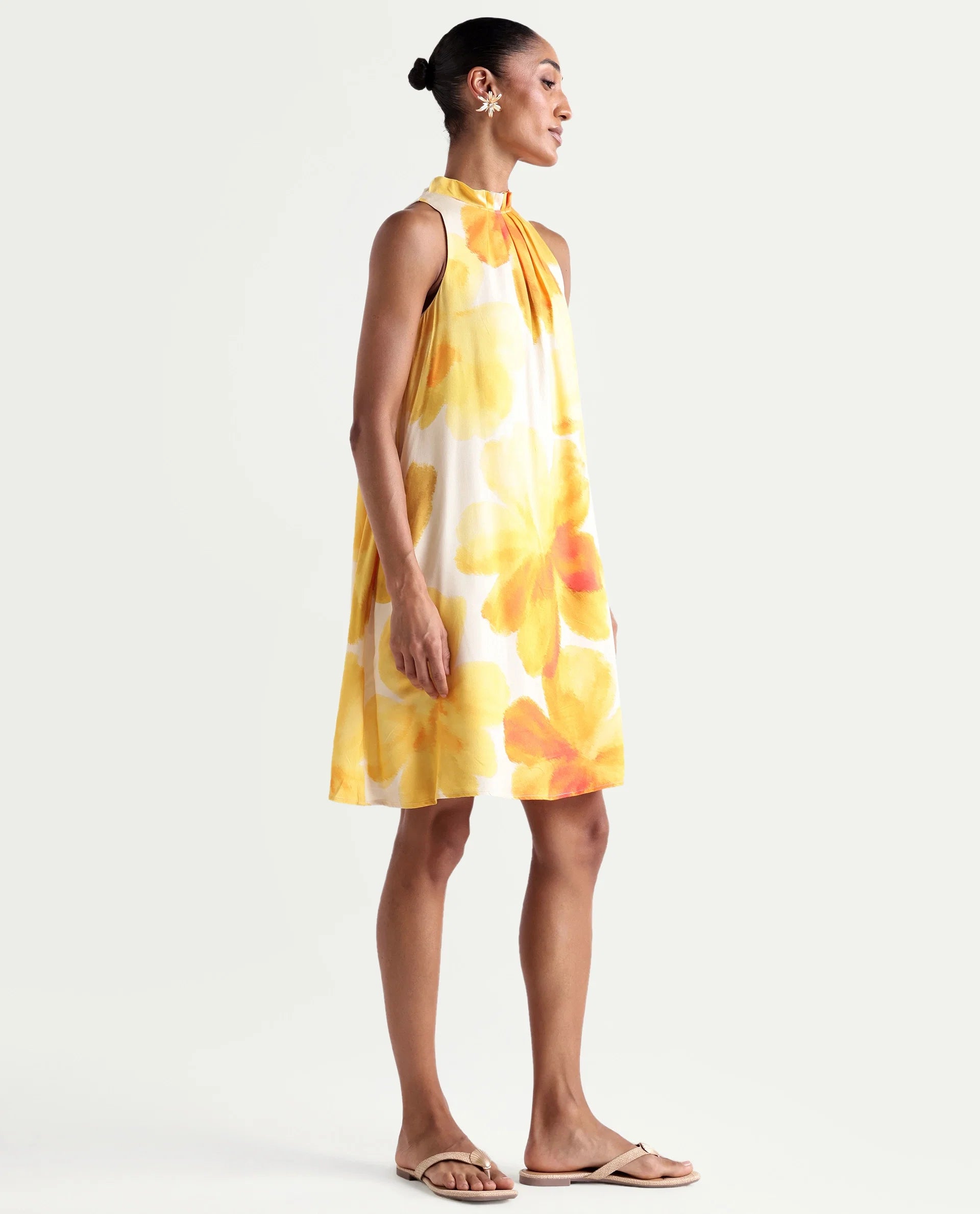 Rareism Women's Rusin Yellow Viscose Halter Neck A-Line Floral Print Dress