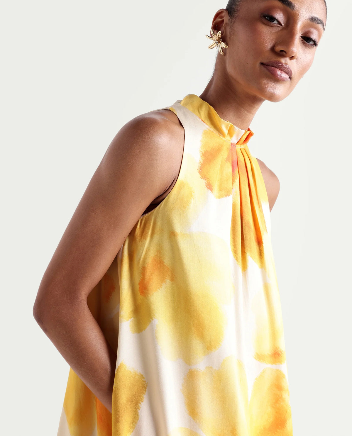 Rareism Women's Rusin Yellow Cotton Satin Halter Neck A-Line Floral Print Dress