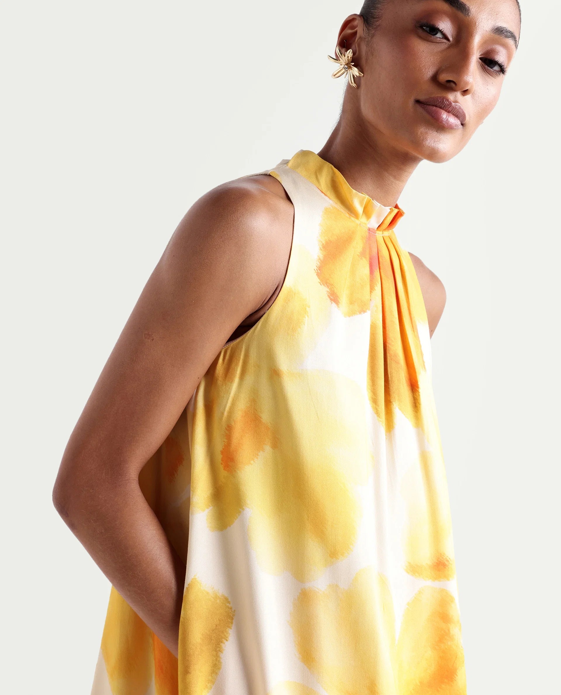 Rareism Women's Rusin Yellow Cotton Satin Halter Neck A-Line Floral Print Dress