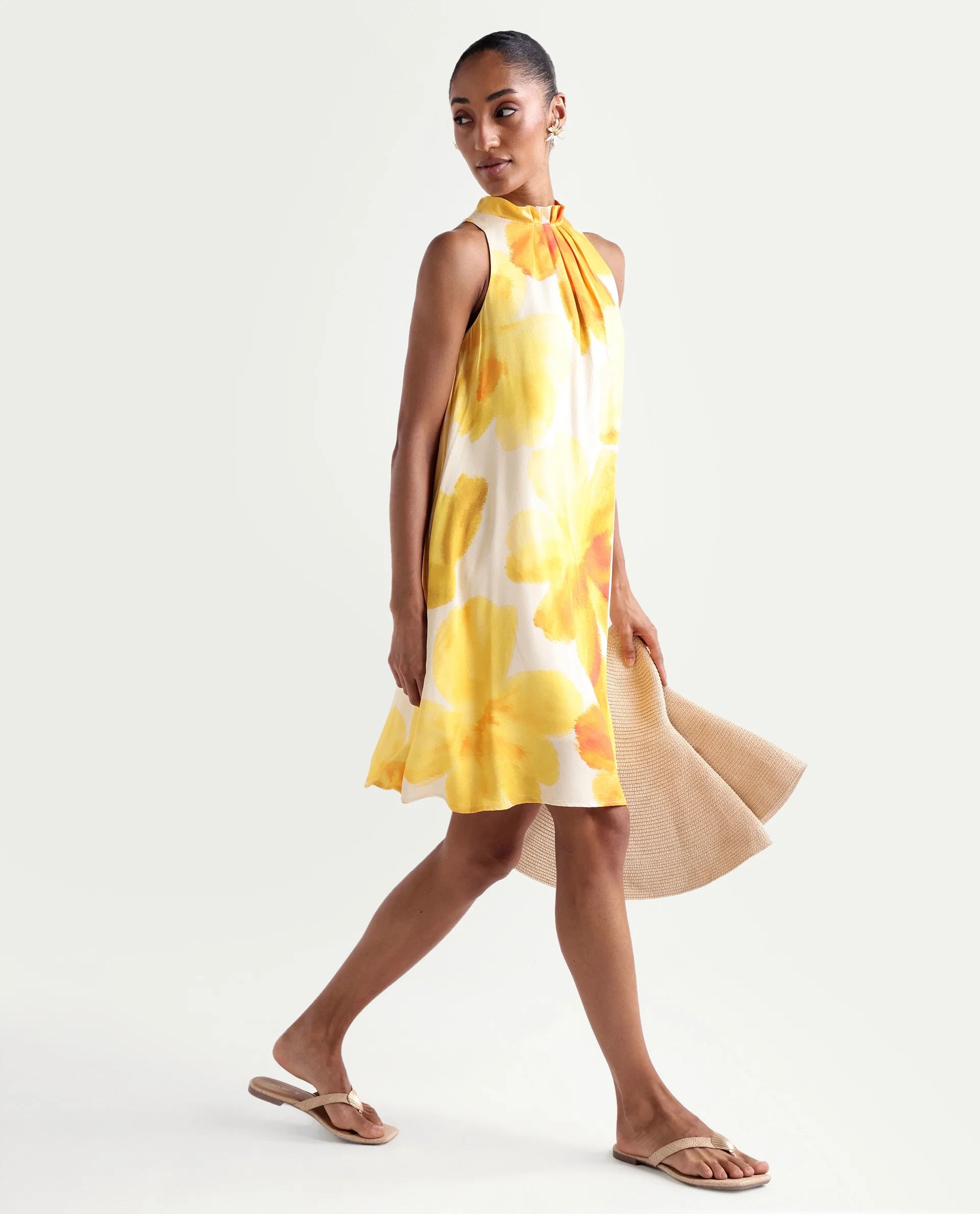 Rareism Women's Rusin Yellow Cotton Satin Halter Neck A-Line Floral Print Dress