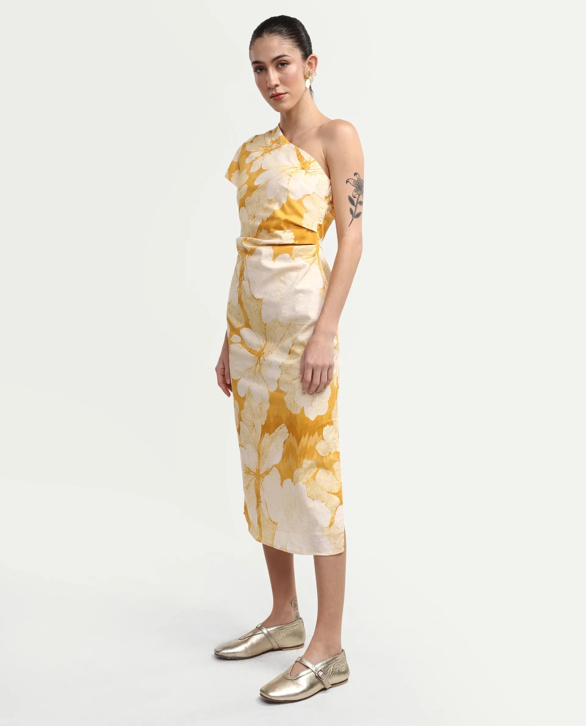 Rareism Women's Rusli Mustard Cotton One Shoulder Fitted Floral Print Dress