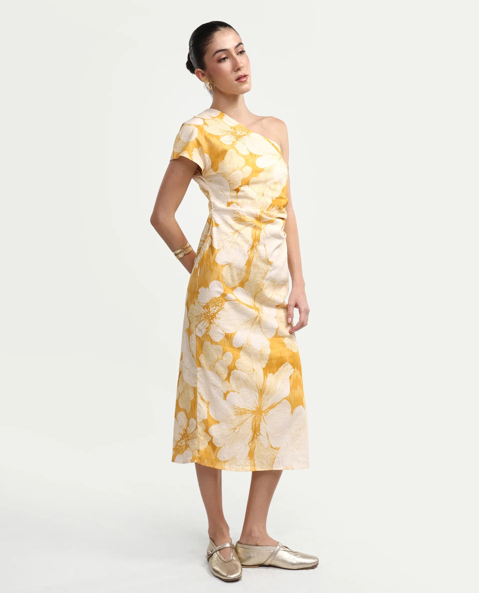 Rareism Women's Rusli Mustard Cotton One Shoulder Fitted Floral Print Dress