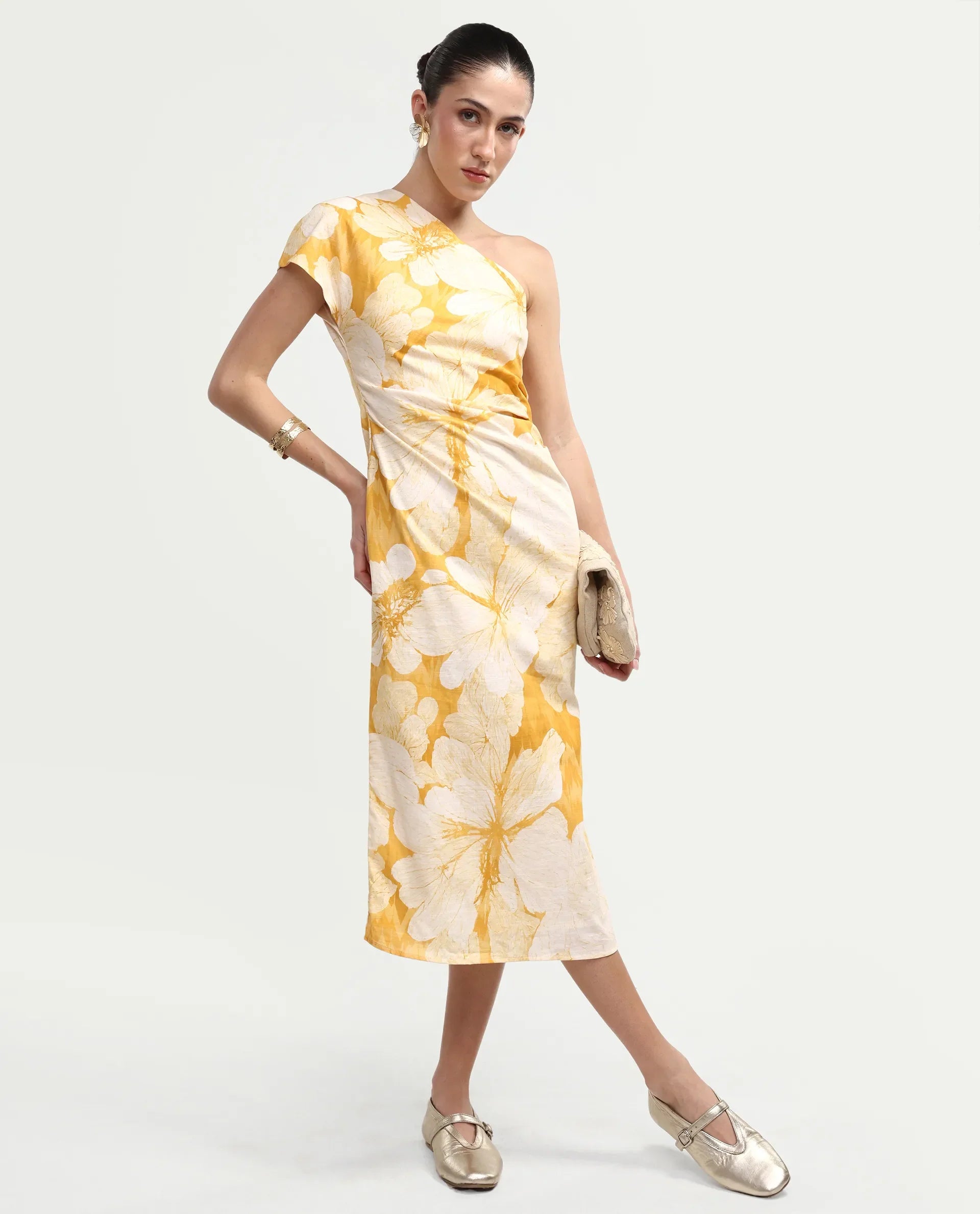 Rareism Women's Rusli Mustard Cotton One Shoulder Fitted Floral Print Dress