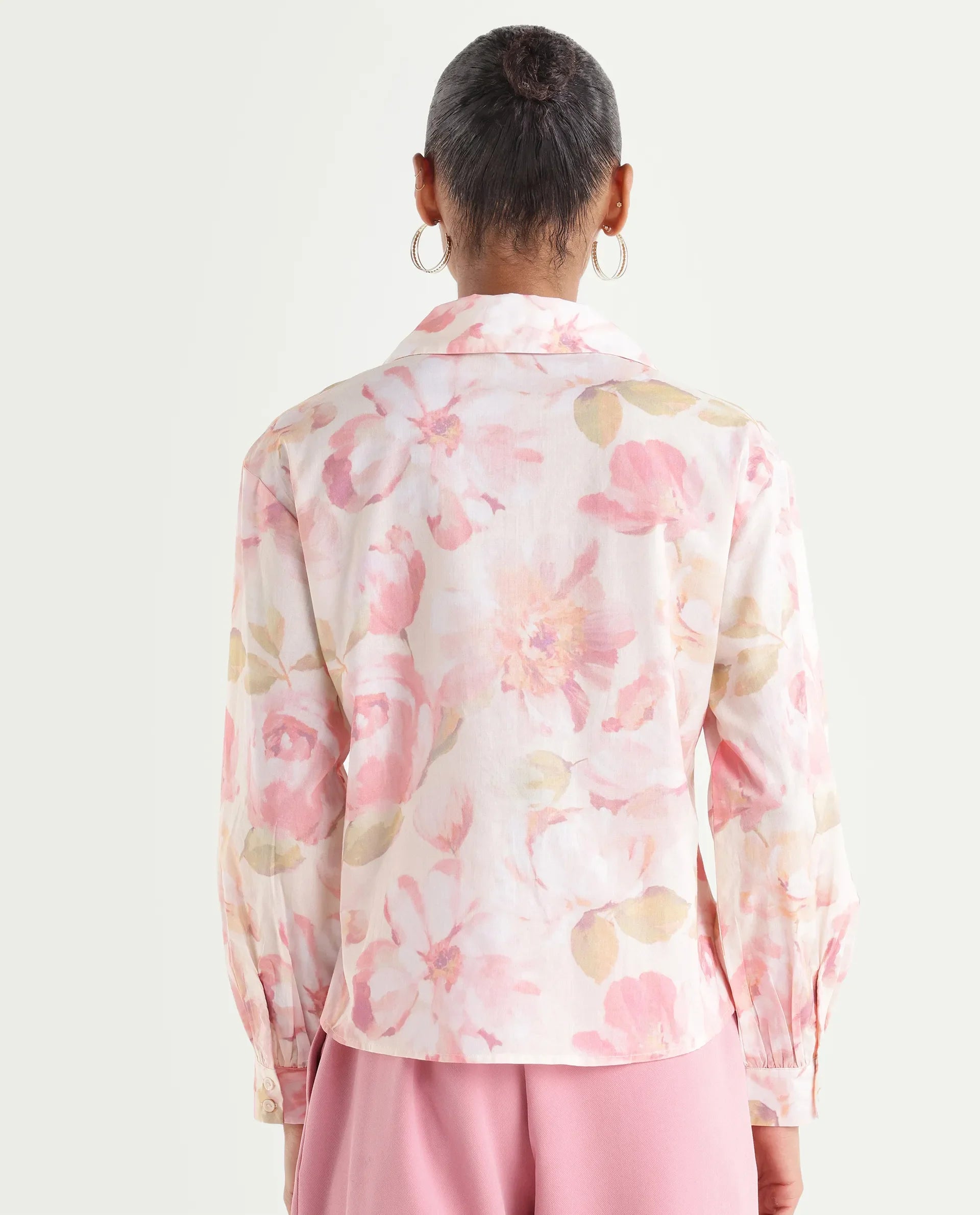 Rareism Women's Vatia Light Multi Cotton Spread Collar Relaxed Floral Print Top