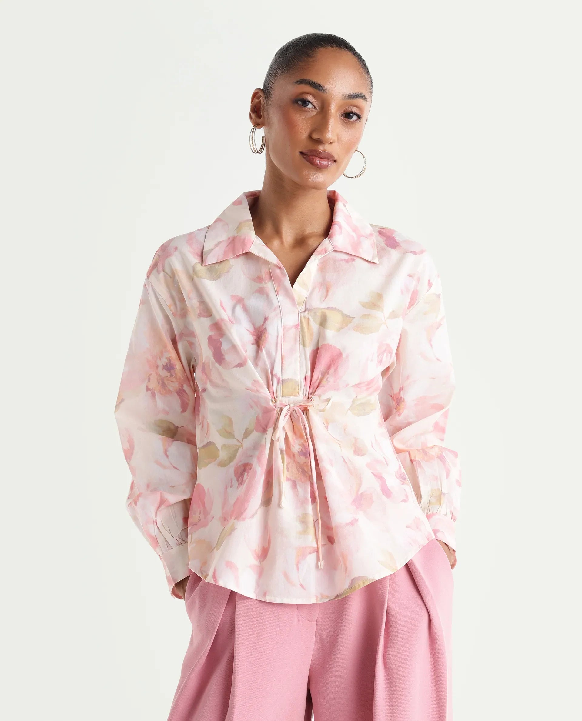 Rareism Women's Vatia Light Multi Cotton Spread Collar Relaxed Floral Print Top