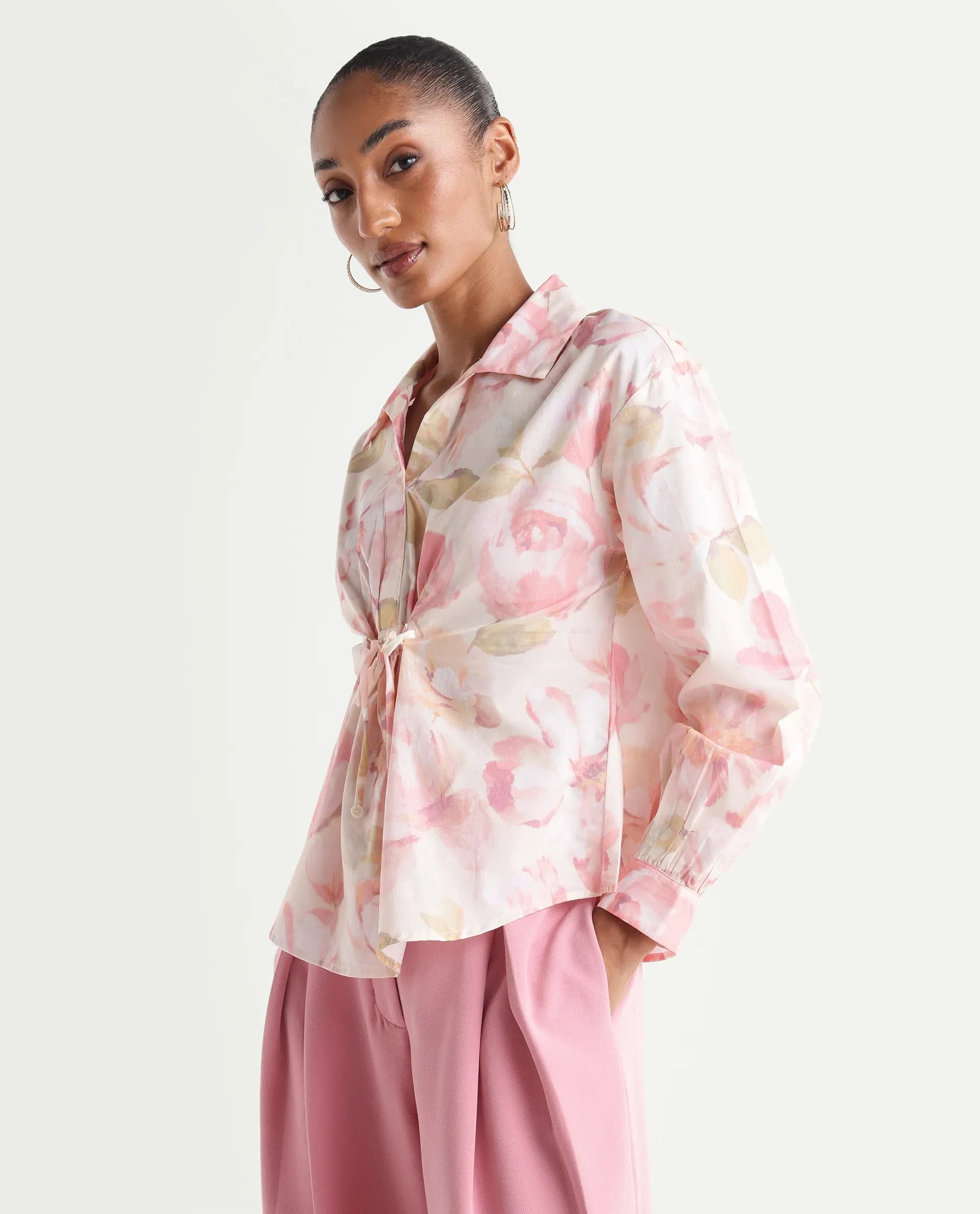 Rareism Women's Vatia Light Multi Cotton Spread Collar Relaxed Floral Print Top