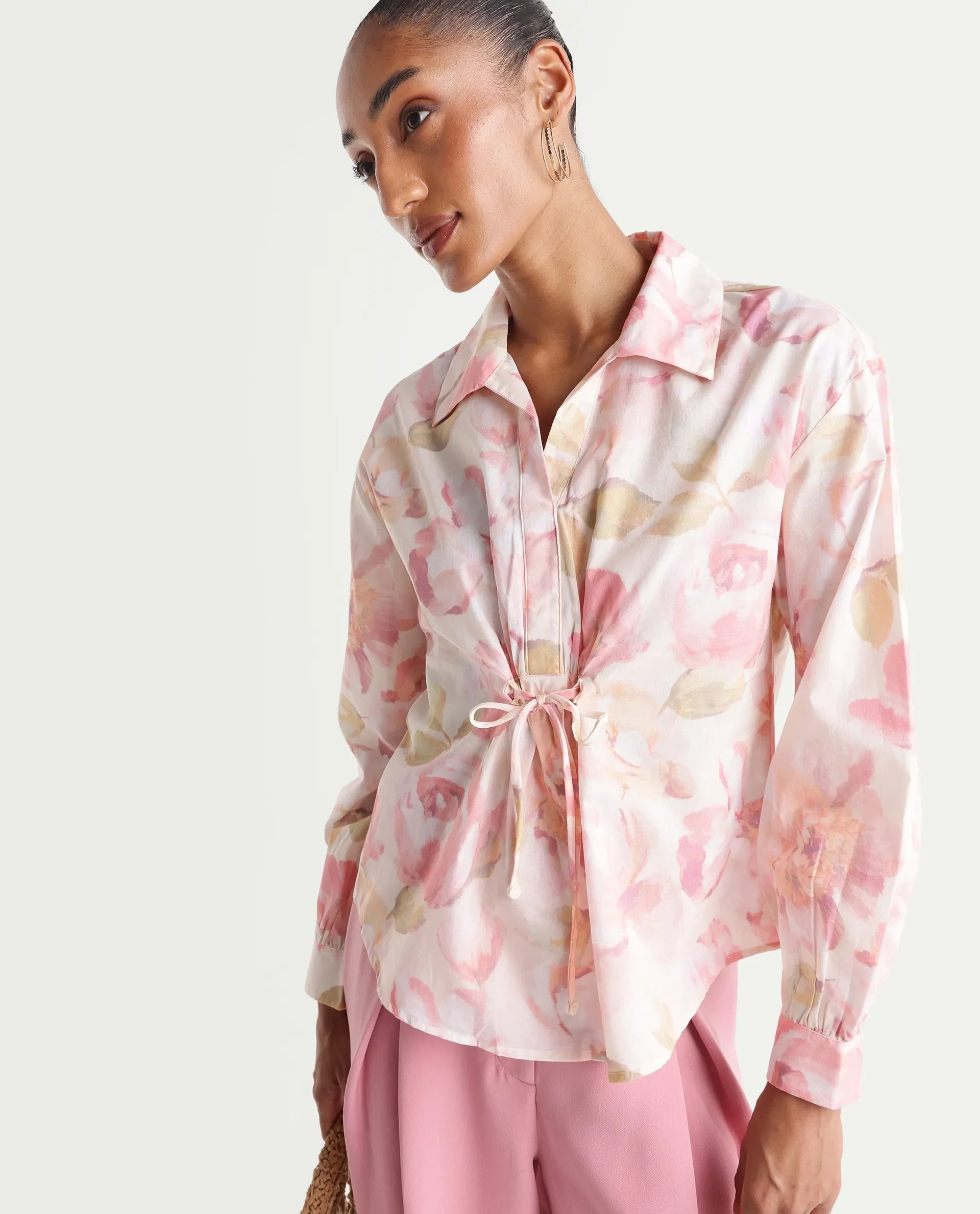 Rareism Women's Vatia Light Multi Cotton Spread Collar Relaxed Floral Print Top