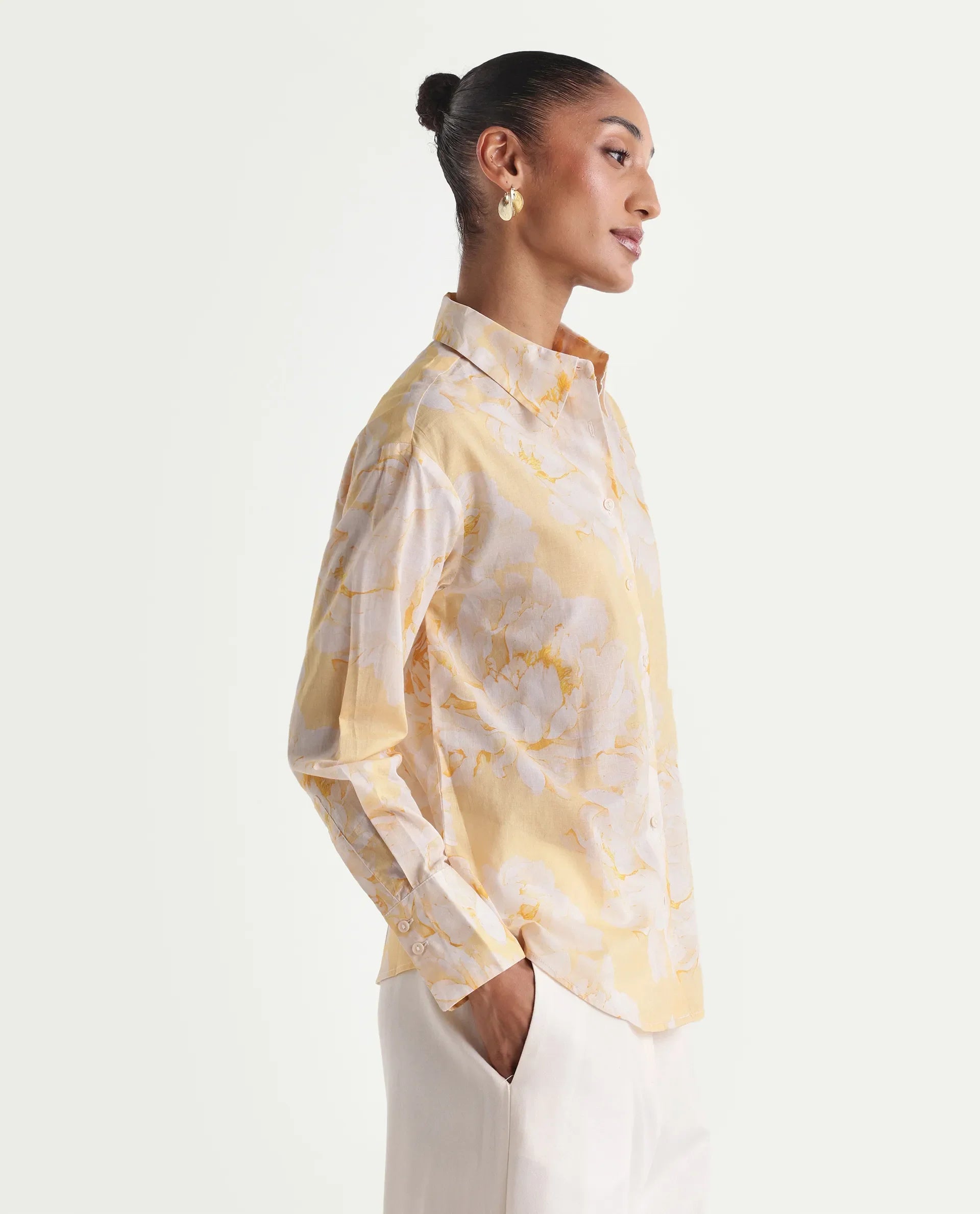 Rareism Women's Rufin Pastel Yellow Cotton Spread Collar Relaxed Floral Print Shirt