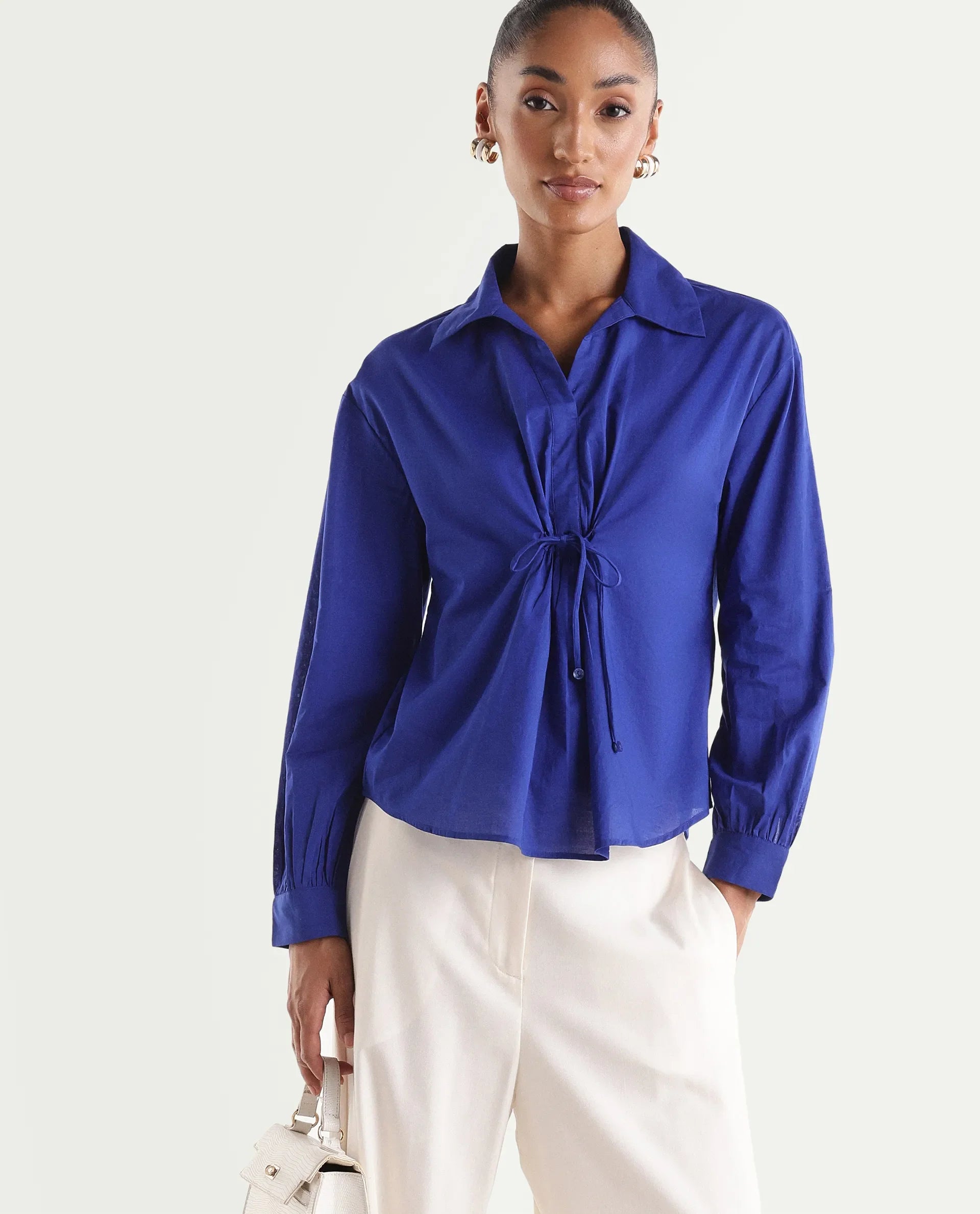 Rareism Women's Vimon Dark Blue Cotton Johnny Collar Relaxed Plain Top