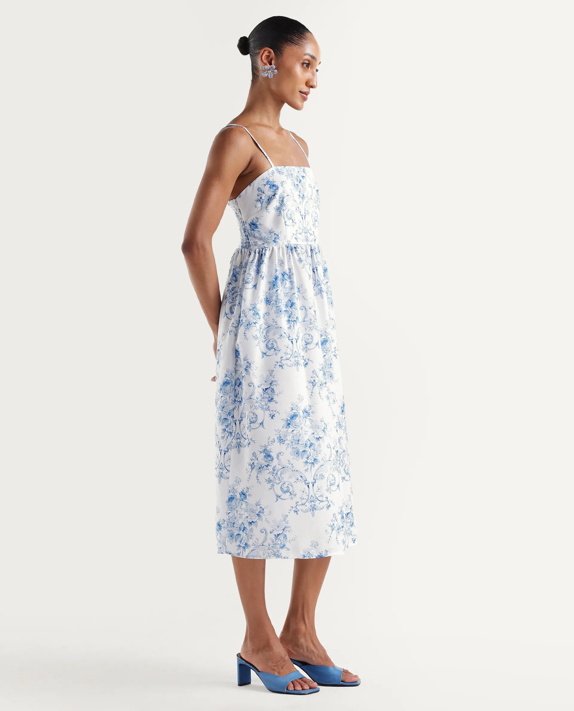 Rareism Women's Vaniko White Polyester Tube Neck Fit And Flare Floral Print Dress