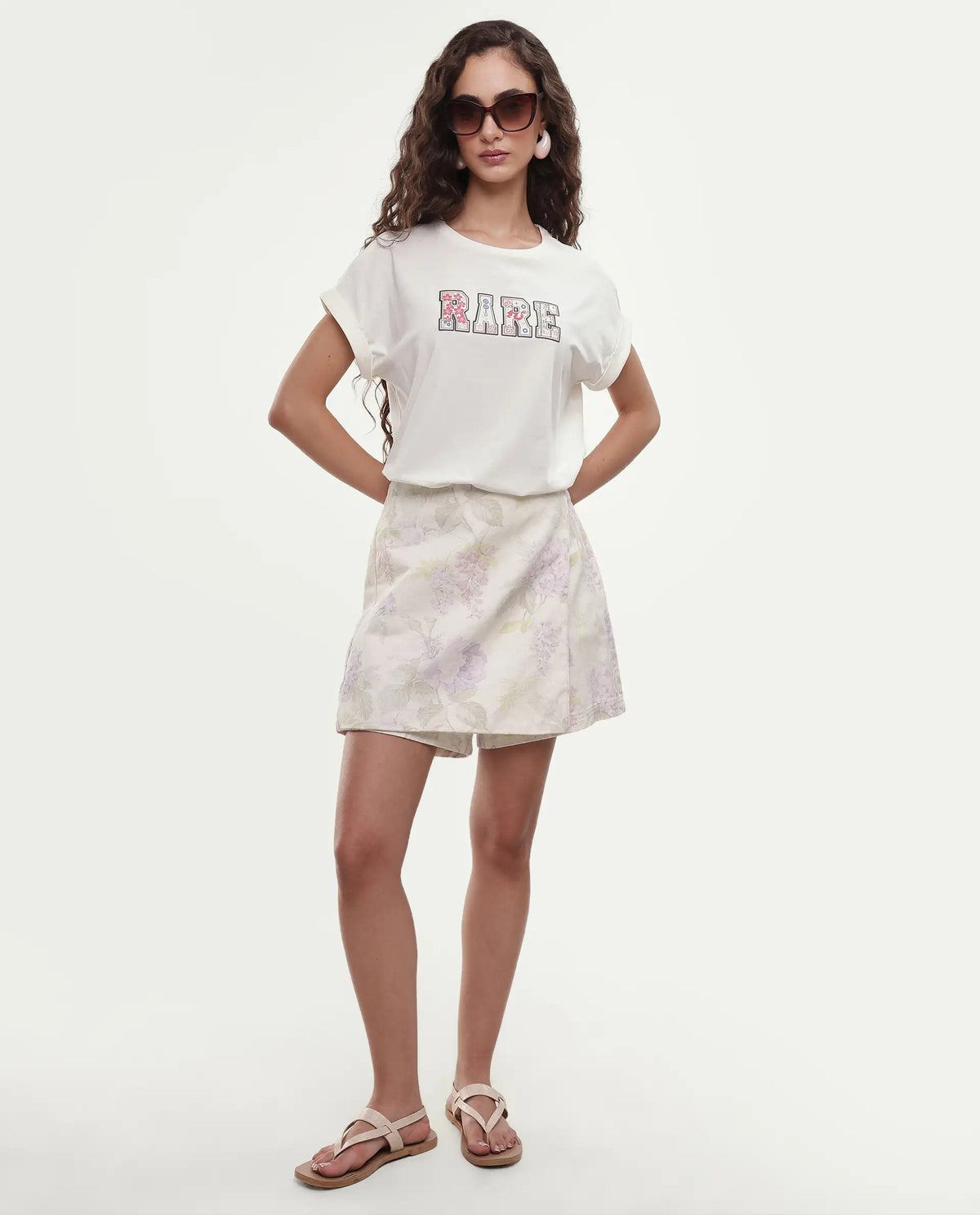 Rareism Women's Majo Off White Cotton Blend Fabric Crew Neck Relaxed Typography Print T-Shirt