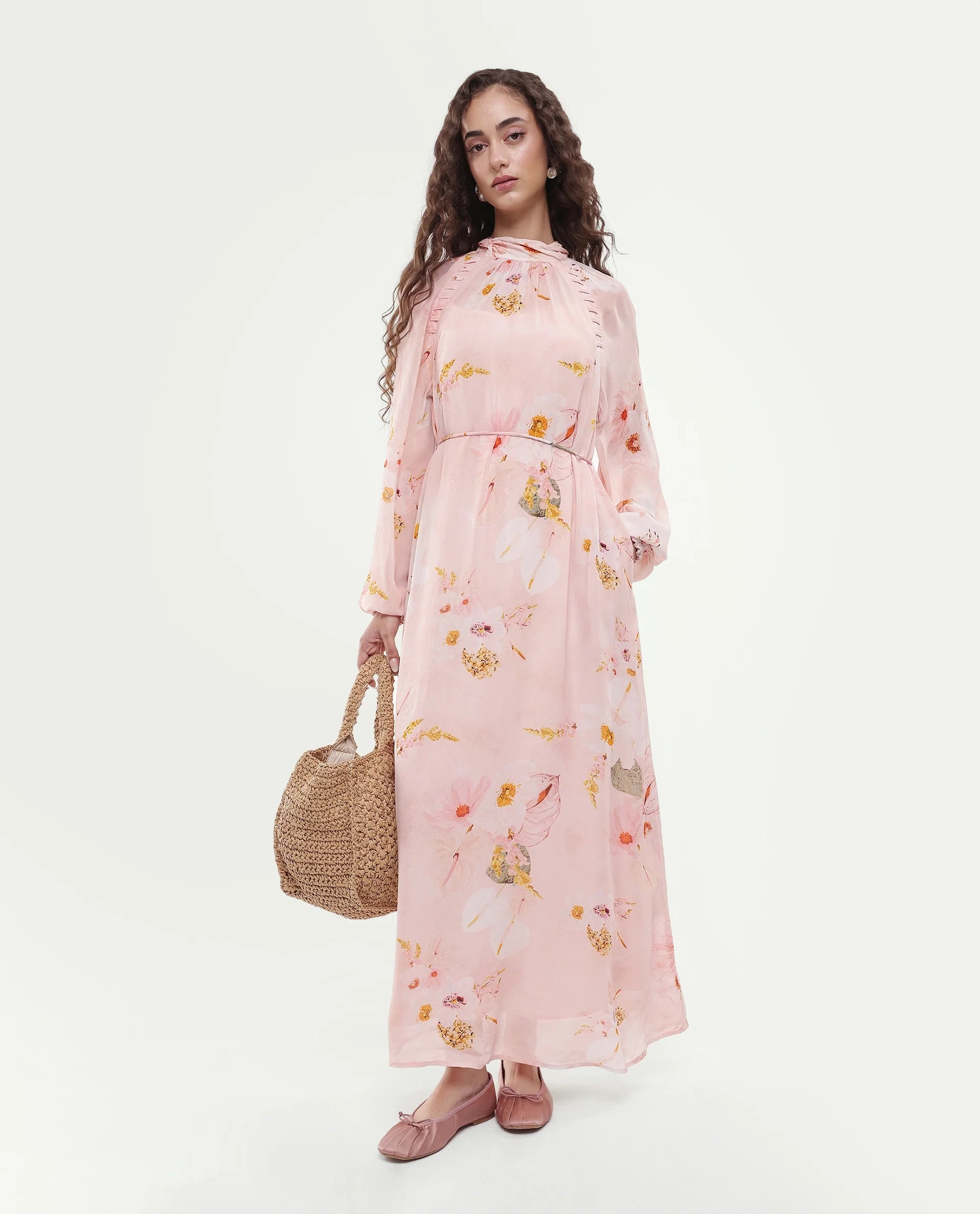 Rareism Women's Rumink Pastel Pink Viscose Band Collar Button A-Line Printed Dress