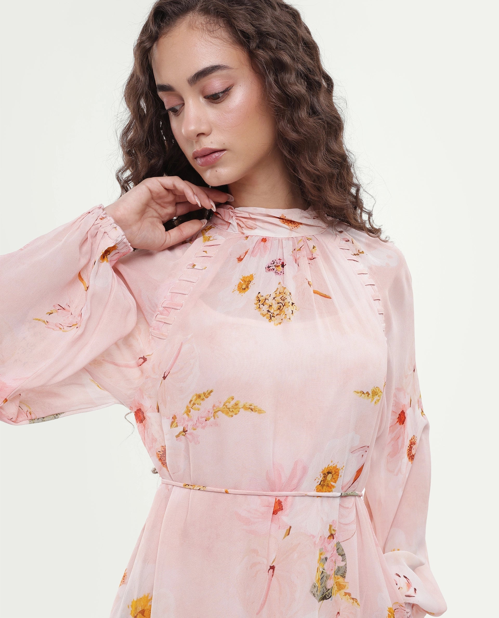 Rareism Women's Rumink Pastel Pink Viscose Band Collar Button A-Line Printed Dress