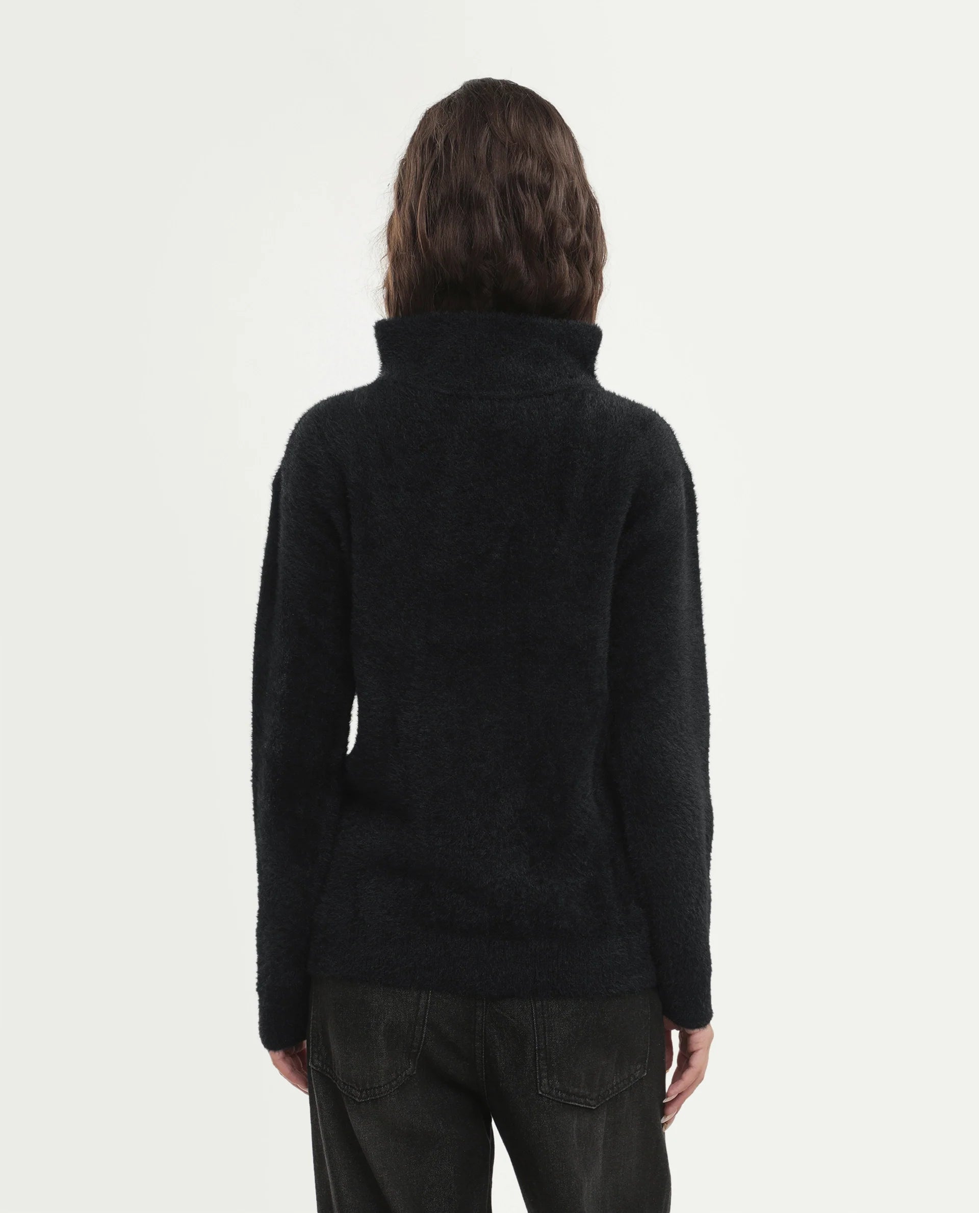 Rareism Women's Asseraw26 Black Nylon Blend Johnny Collar Relaxed Fit Plain Sweater