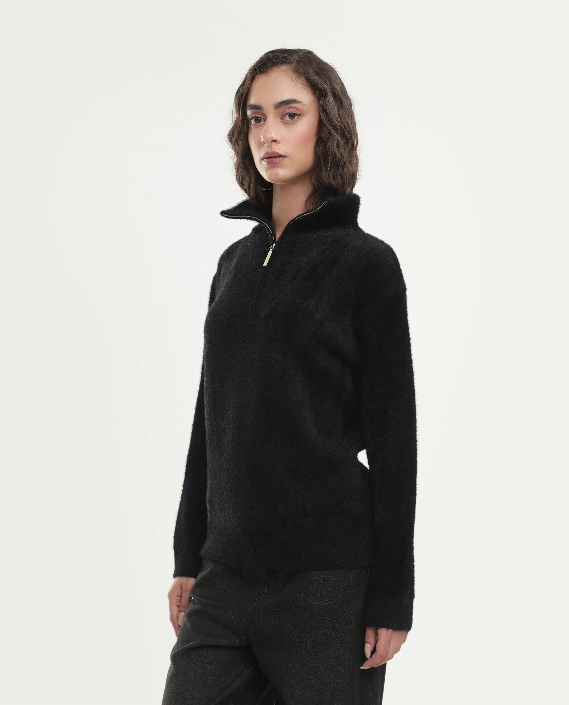 Rareism Women's Asseraw26 Black Nylon Blend Johnny Collar Relaxed Fit Plain Sweater