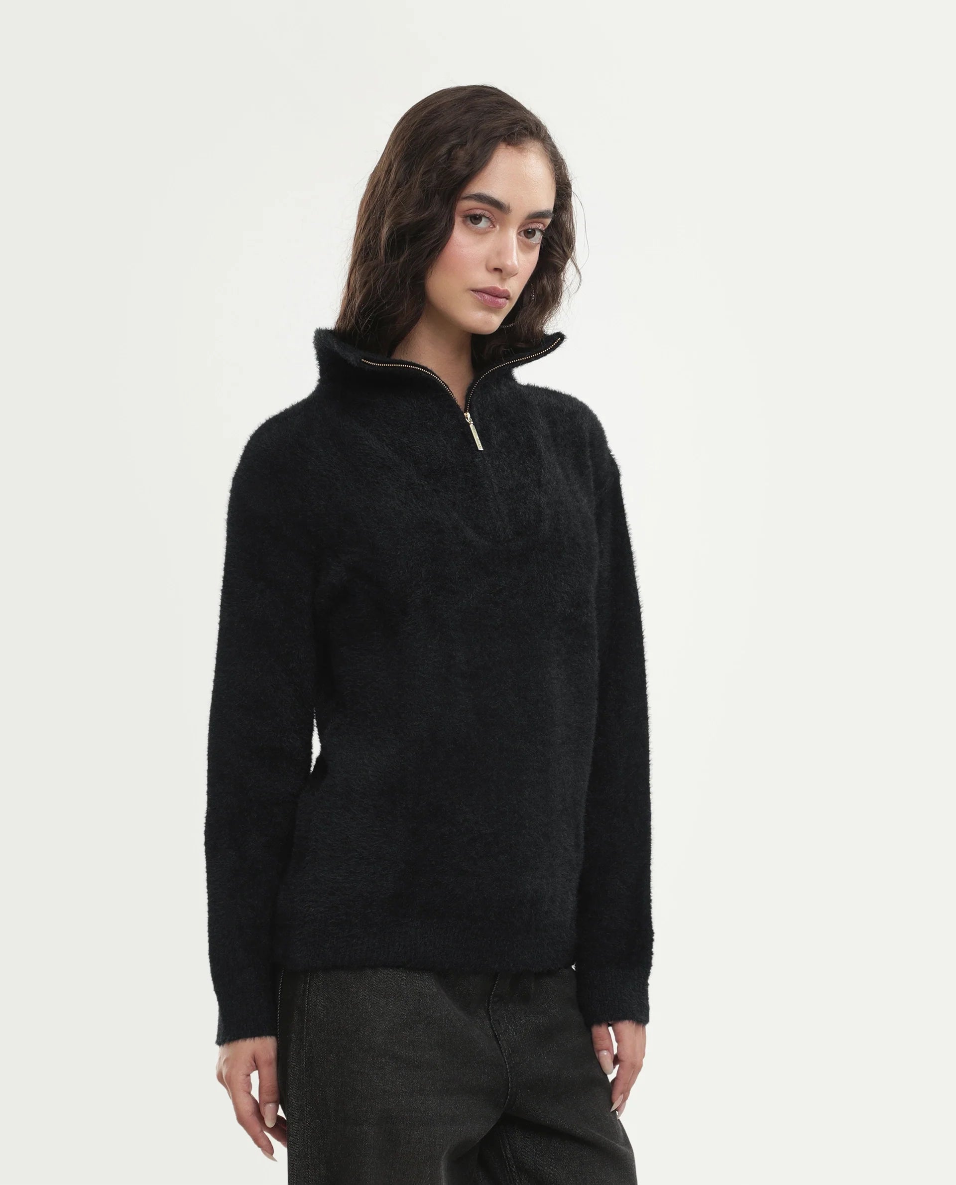 Rareism Women's Asseraw26 Black Nylon Blend Johnny Collar Relaxed Fit Plain Sweater