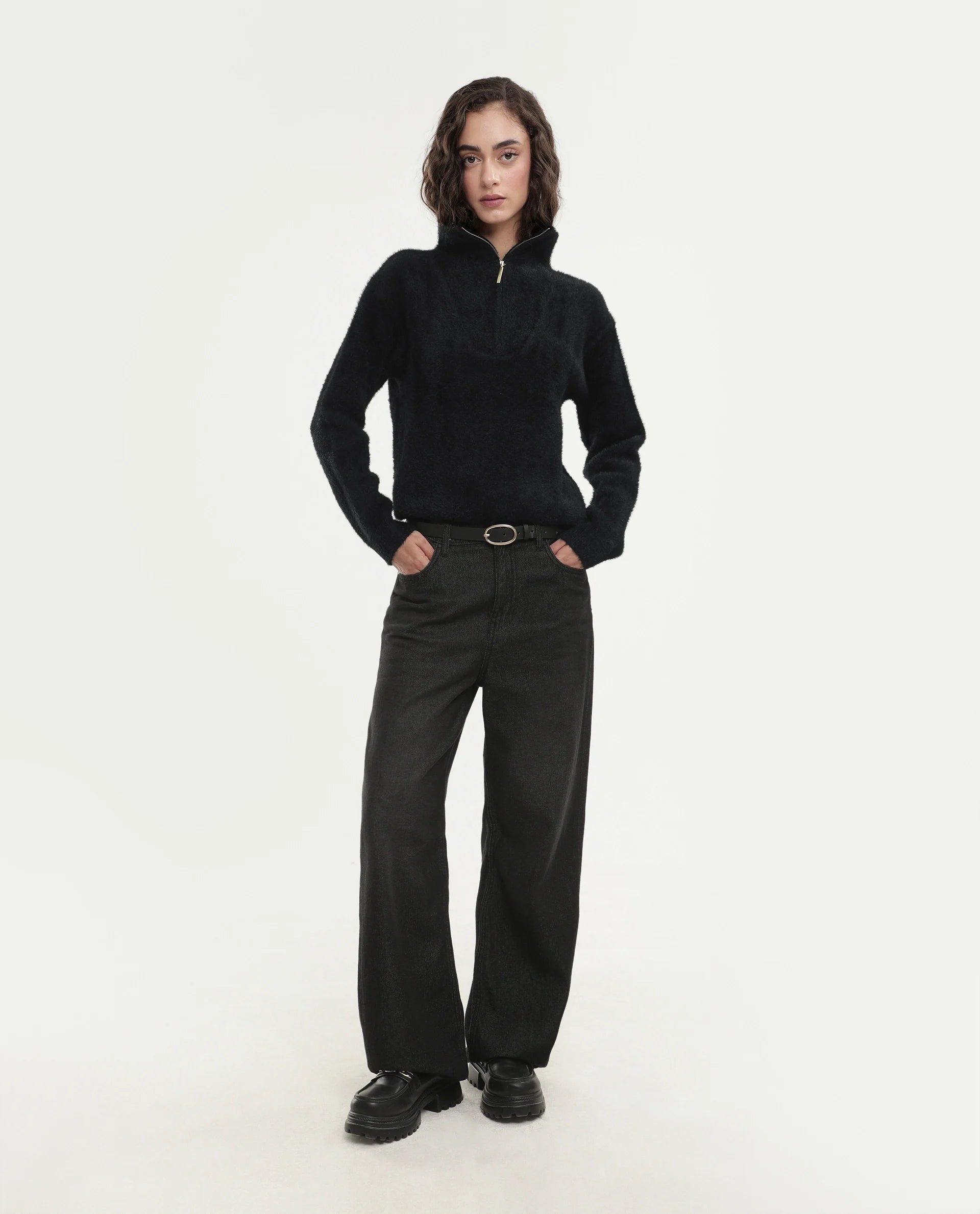 Rareism Women's Asseraw26 Black Nylon Blend Johnny Collar Relaxed Fit Plain Sweater