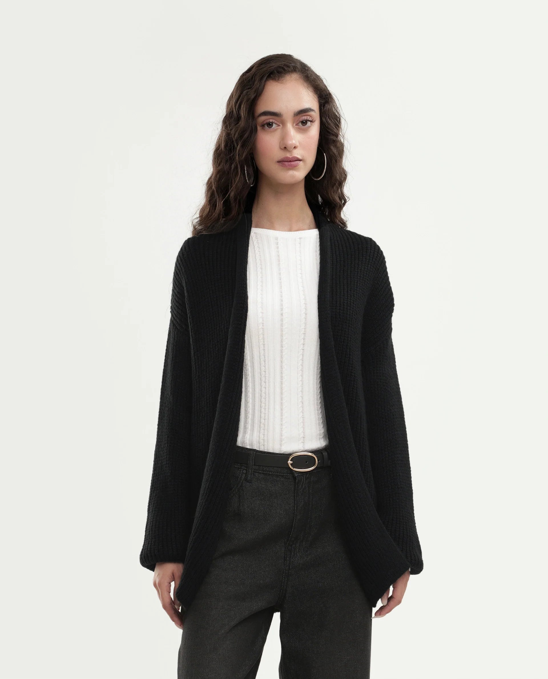 Rareism Women's Jugaw26 Black Acrylic Blend Lapel Neck Relaxed Fit Plain Shrug
