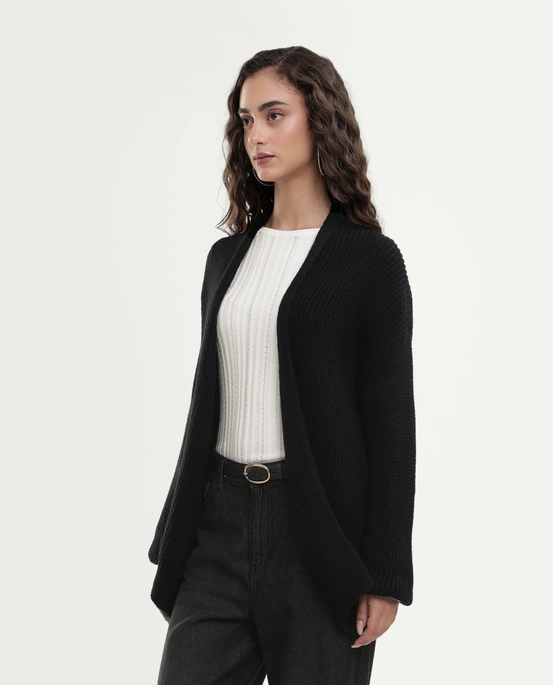 Rareism Women's Jugaw26 Black Acrylic Blend Lapel Neck Relaxed Fit Plain Shrug