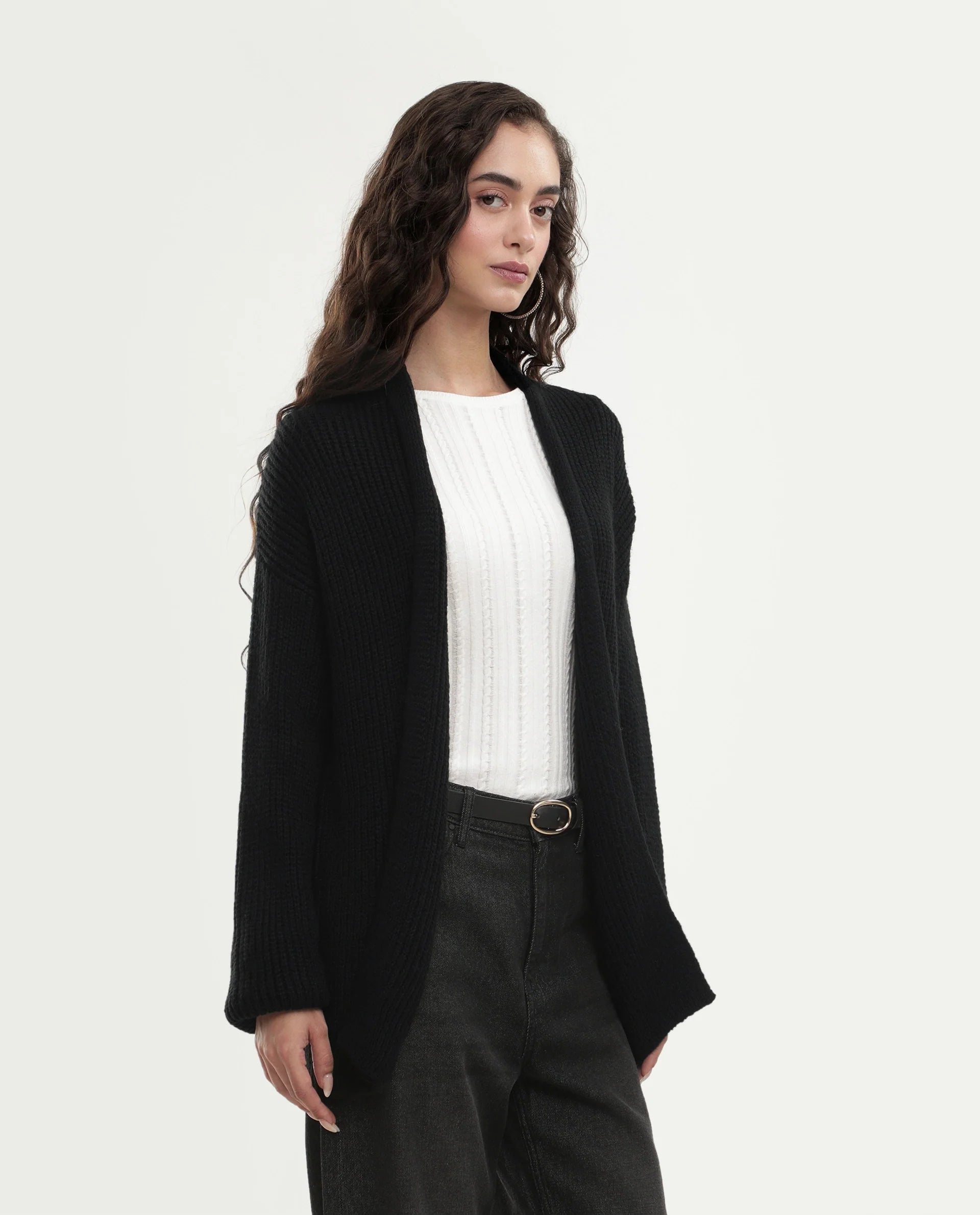 Rareism Women's Jugaw26 Black Acrylic Blend Lapel Neck Relaxed Fit Plain Shrug