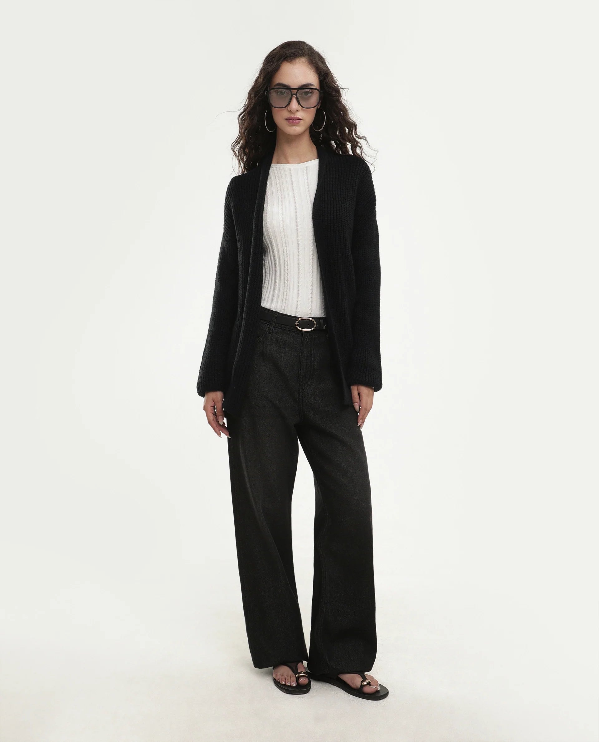 Rareism Women's Jugaw26 Black Acrylic Blend Lapel Neck Relaxed Fit Plain Shrug