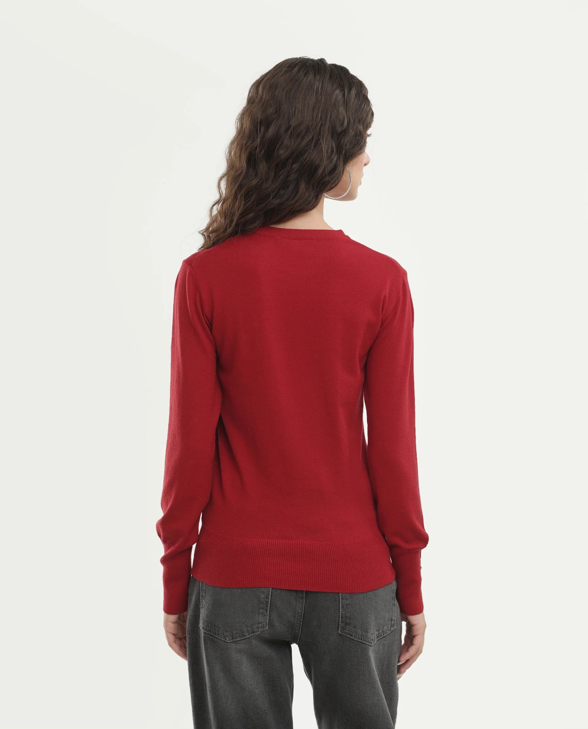 Rareism Women's Loran Dark Red Viscose Blend Crew Neck Regular Fit Plain Top