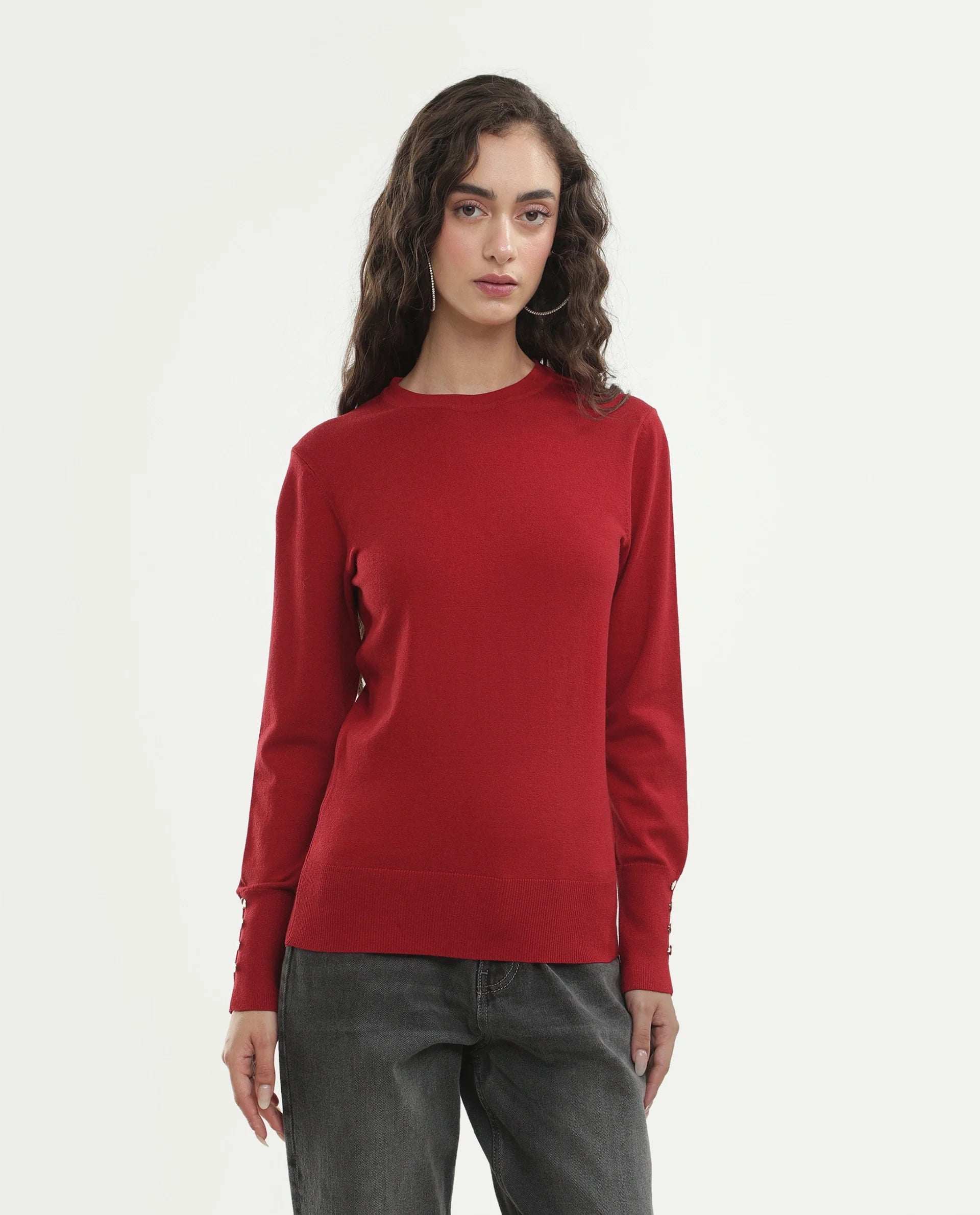 Rareism Women's Loran Dark Red Viscose Blend Crew Neck Regular Fit Plain Top