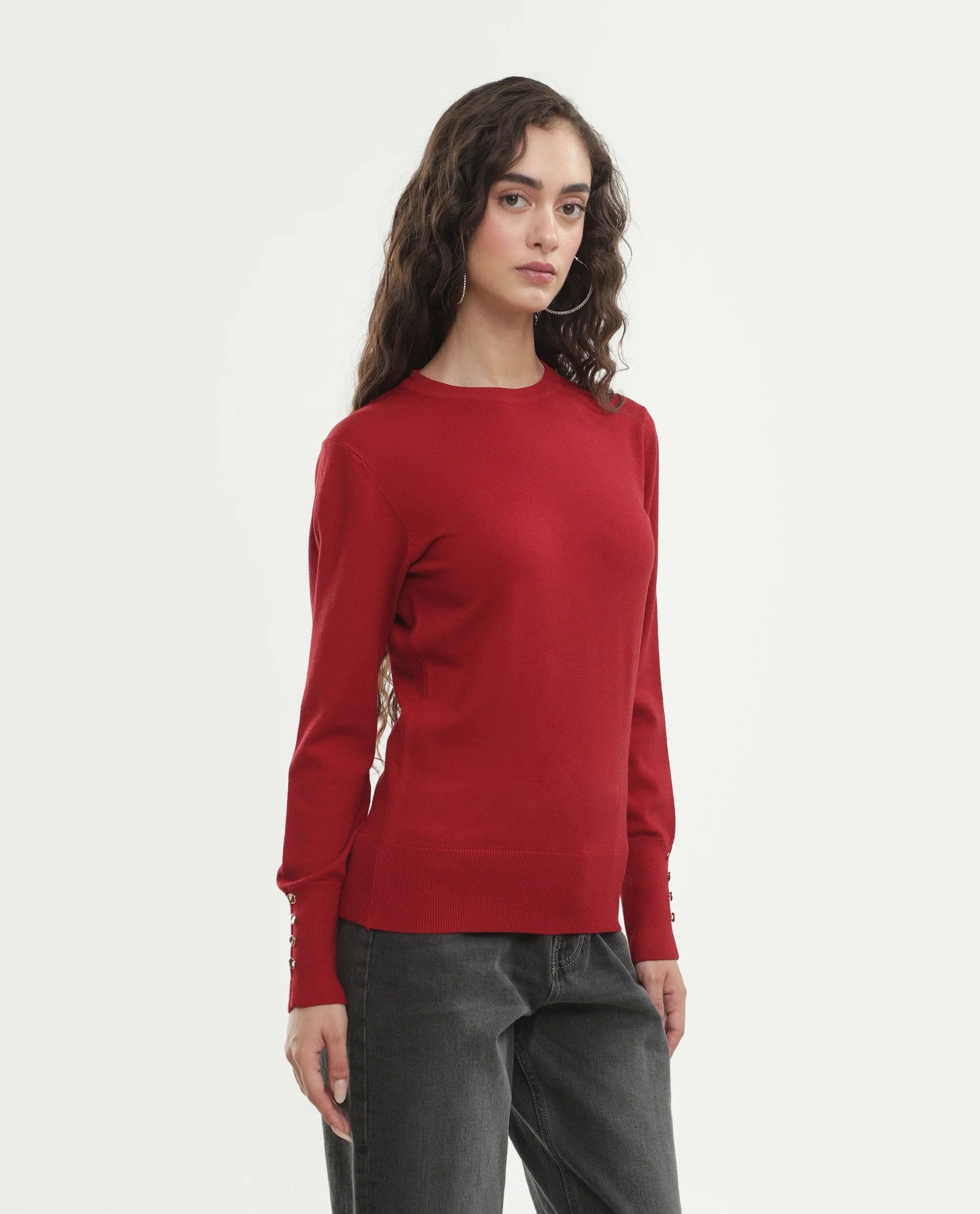 Rareism Women's Loran Dark Red Viscose Blend Crew Neck Regular Fit Plain Top