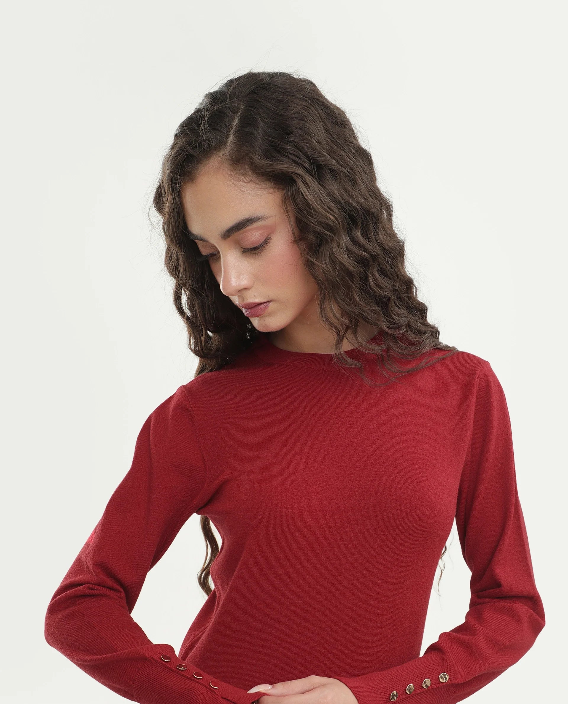 Rareism Women's Loran Dark Red Viscose Blend Crew Neck Regular Fit Plain Top