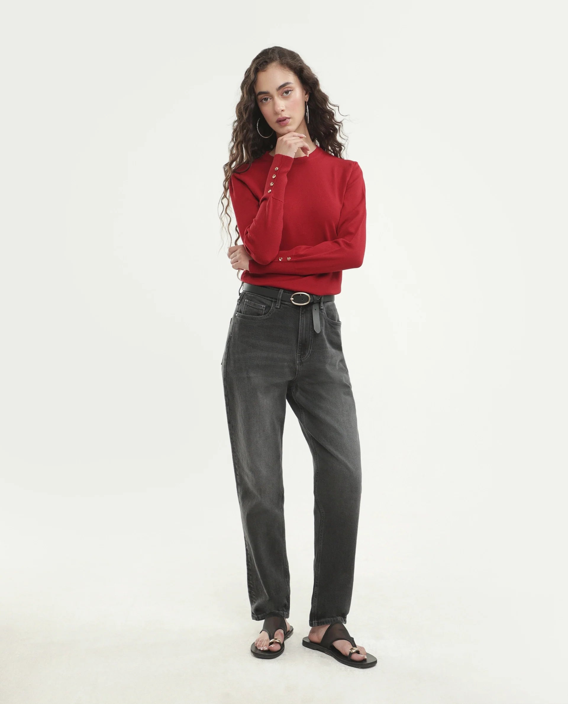 Rareism Women's Loran Dark Red Viscose Blend Crew Neck Regular Fit Plain Top
