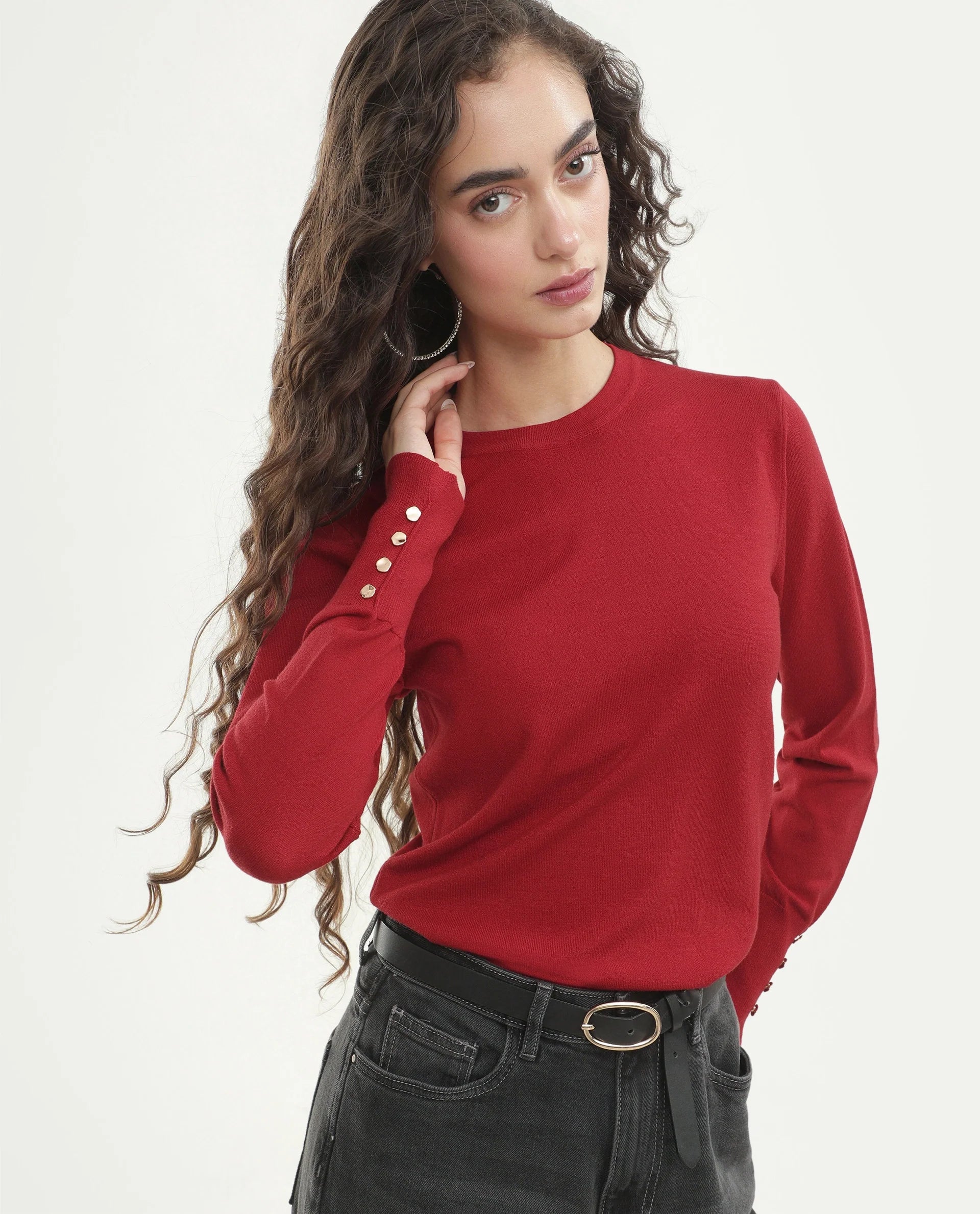 Rareism Women's Loran Dark Red Viscose Blend Crew Neck Regular Fit Plain Top