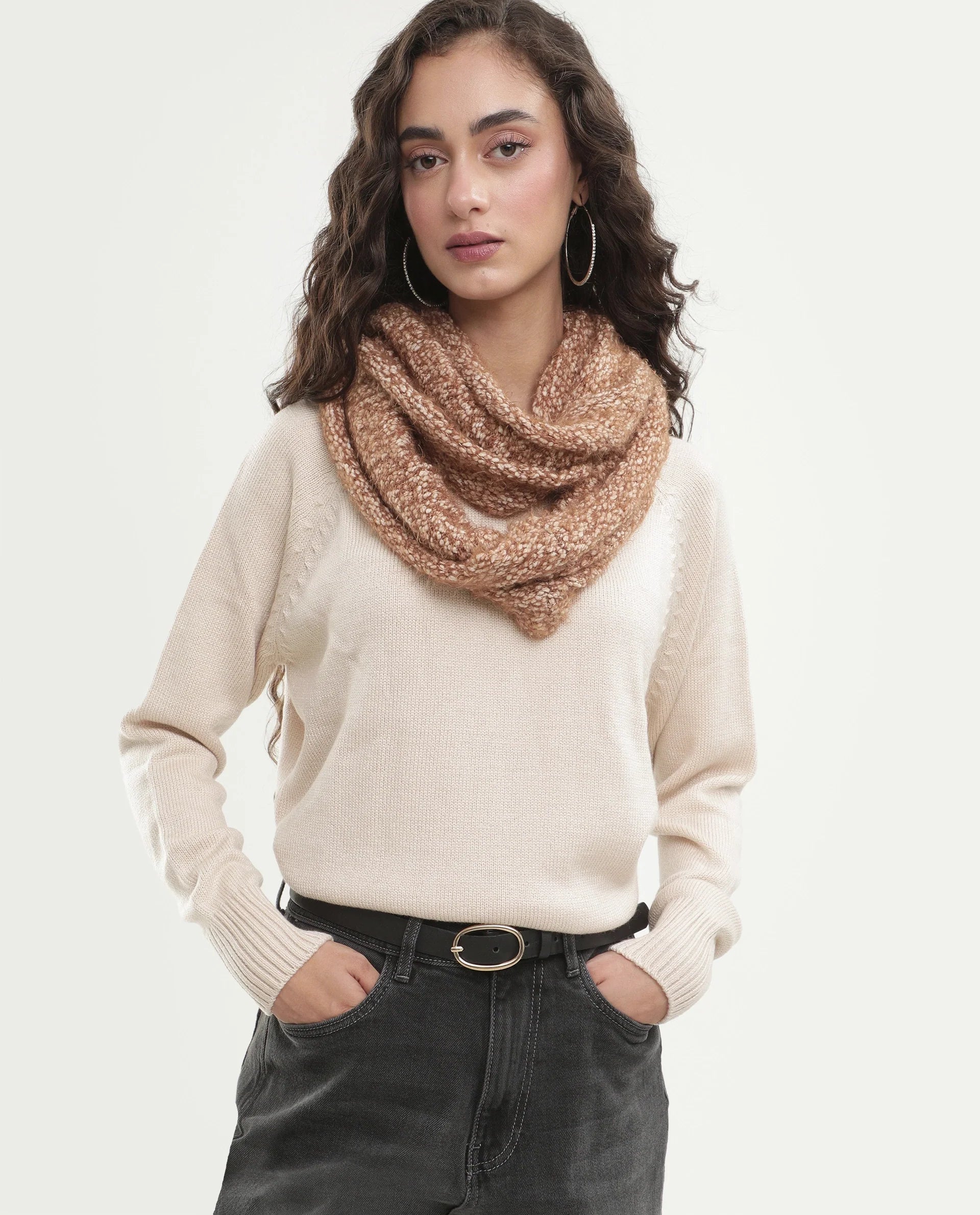 Rareism Women's Mitso Light Beige Acrylic Crew Neck Relaxed Fit Plain Sweater
