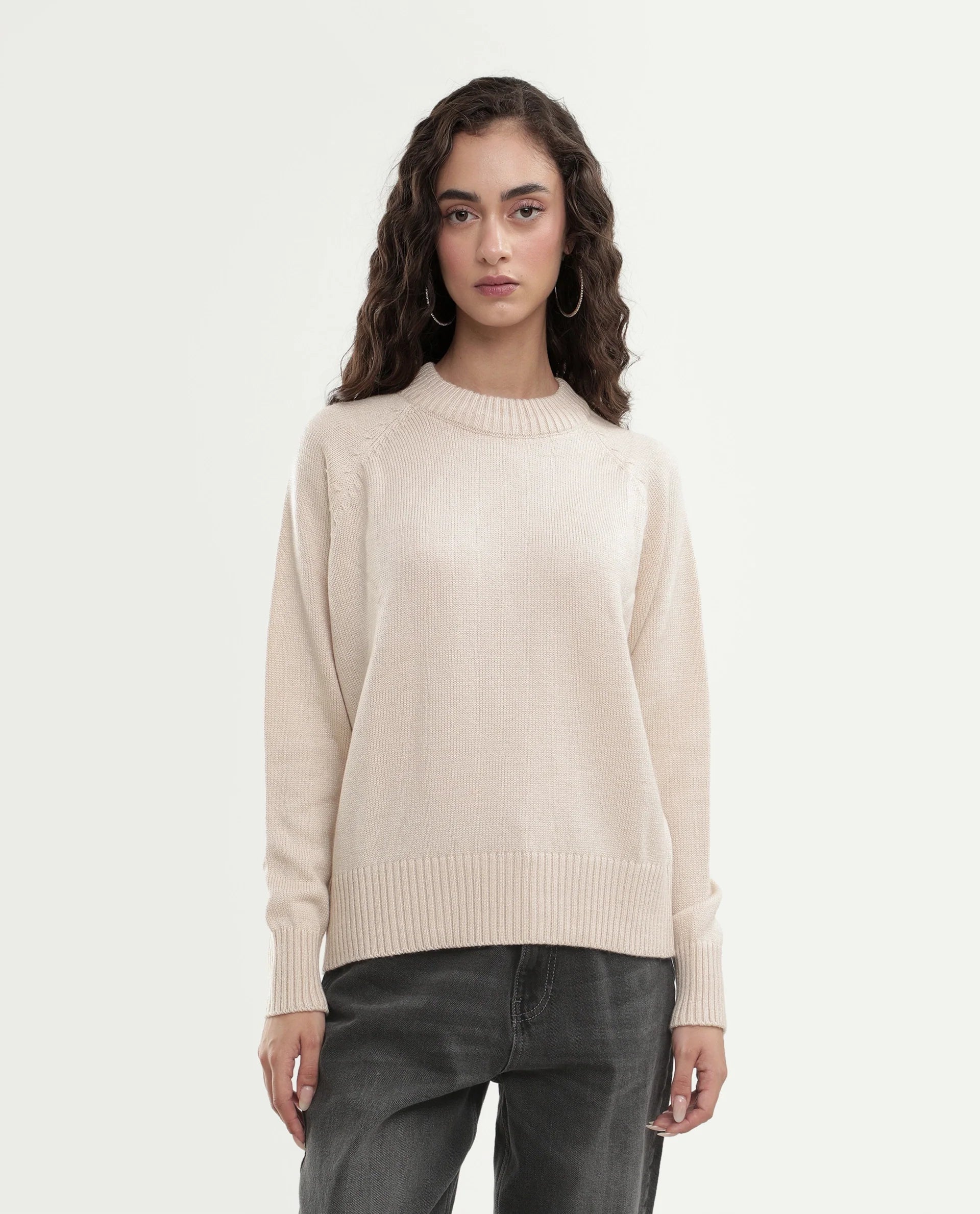 Rareism Women's Mitso Light Beige Acrylic Crew Neck Relaxed Fit Plain Sweater