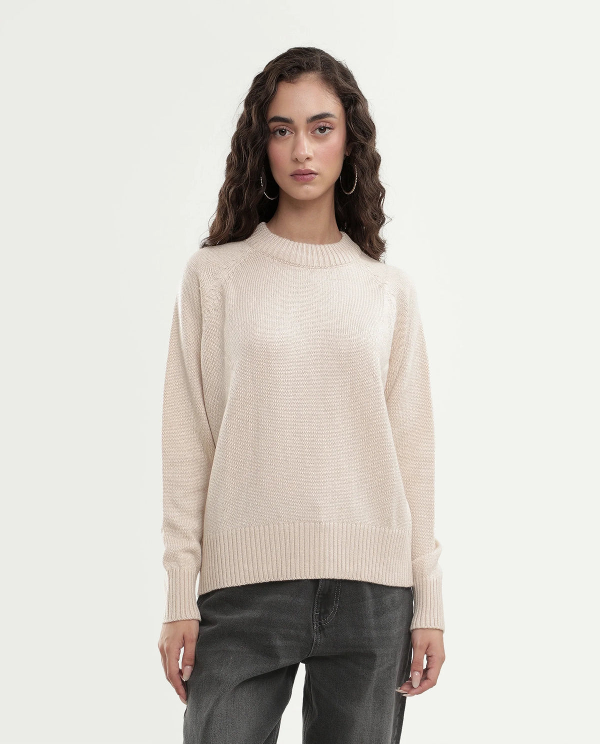 Rareism Women's Mitso Light Beige Acrylic Crew Neck Relaxed Fit Plain Sweater