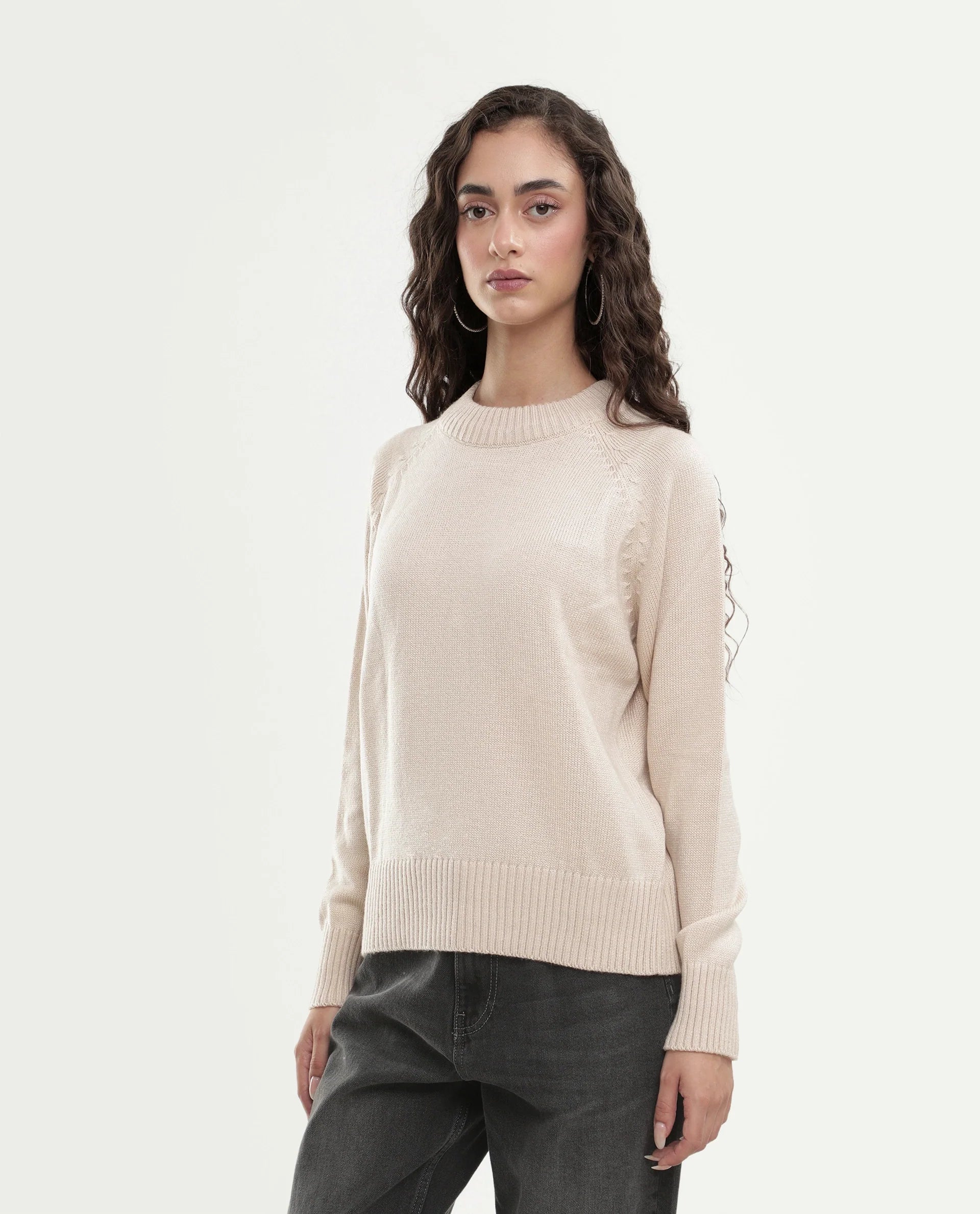 Rareism Women's Mitso Light Beige Acrylic Crew Neck Relaxed Fit Plain Sweater