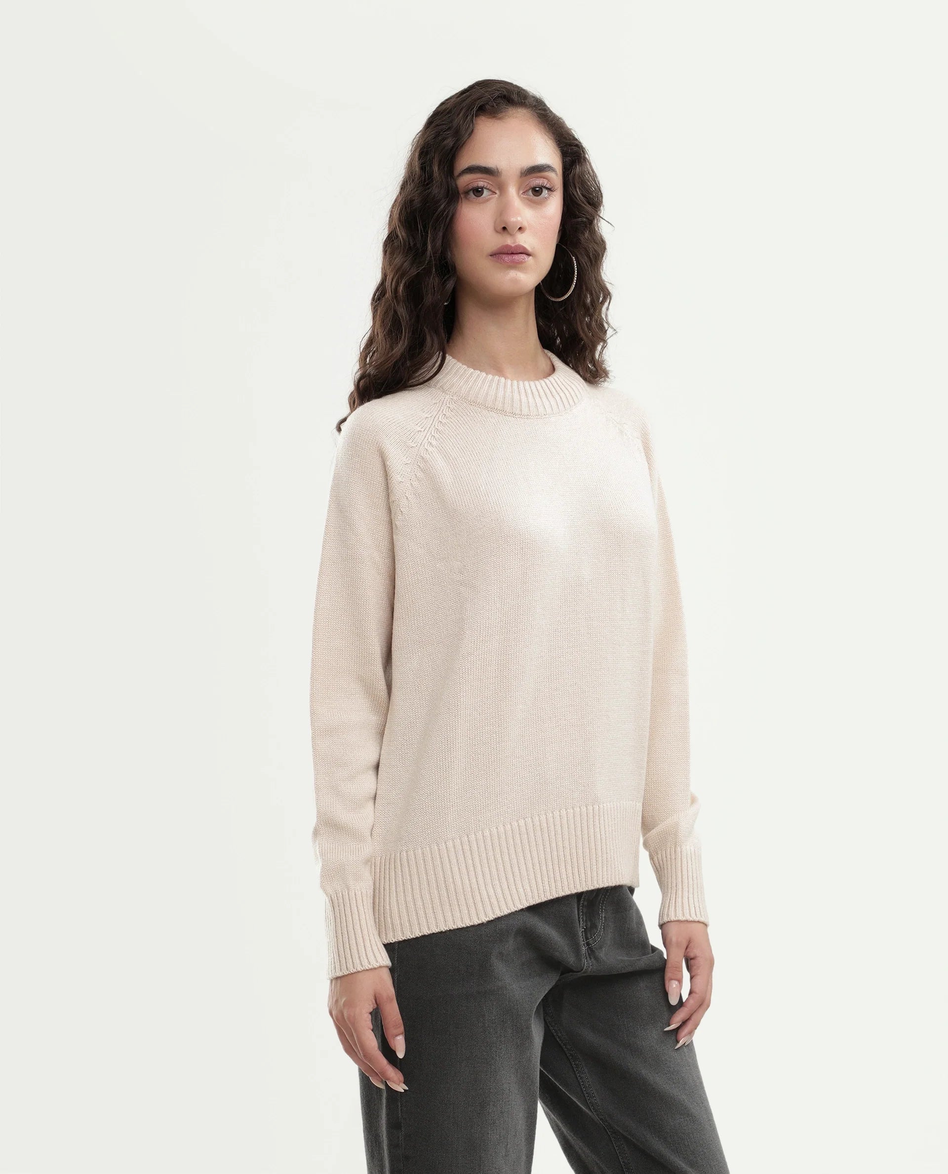 Rareism Women's Mitso Light Beige Acrylic Crew Neck Relaxed Fit Plain Sweater