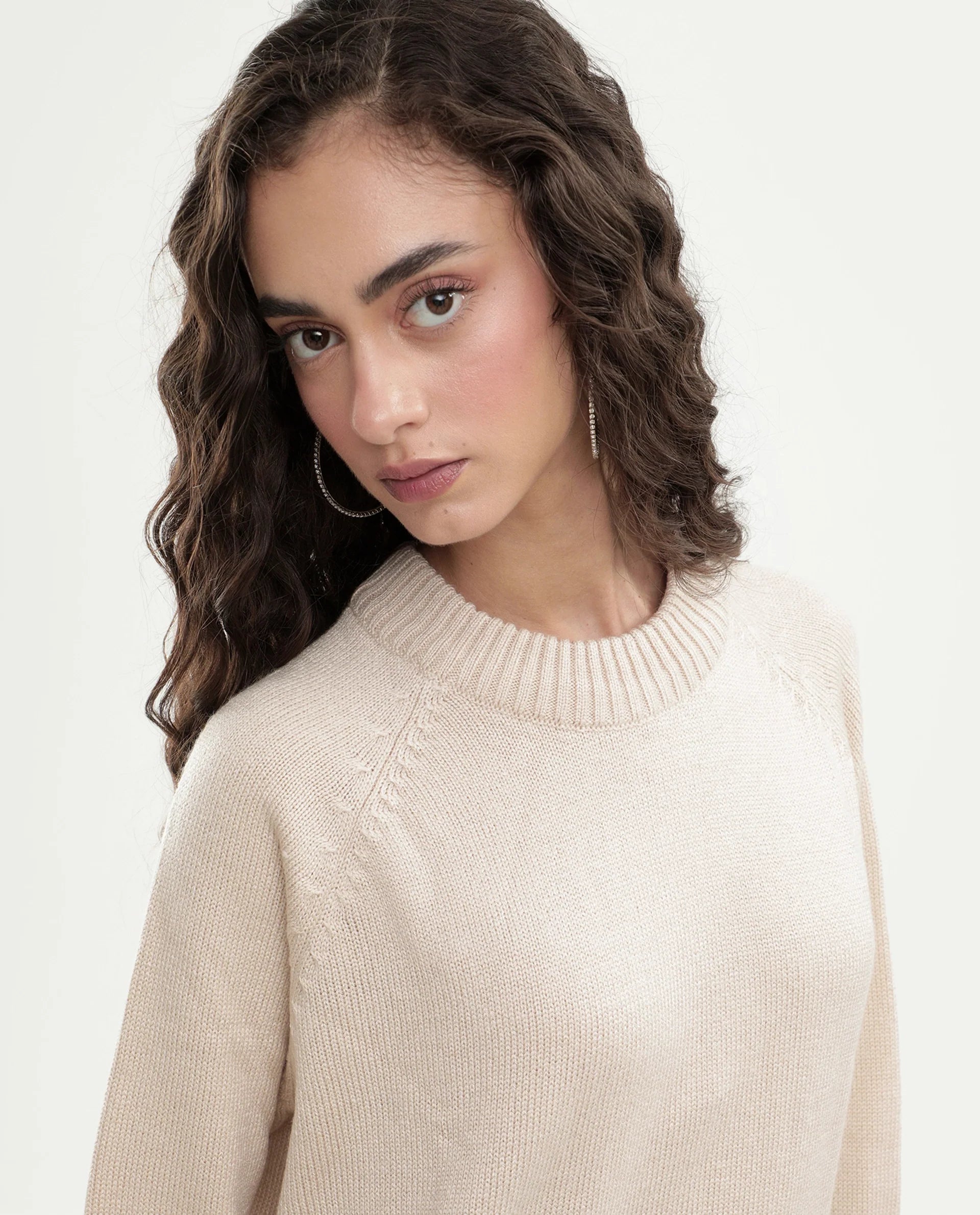 Rareism Women's Mitso Light Beige Acrylic Crew Neck Relaxed Fit Plain Sweater