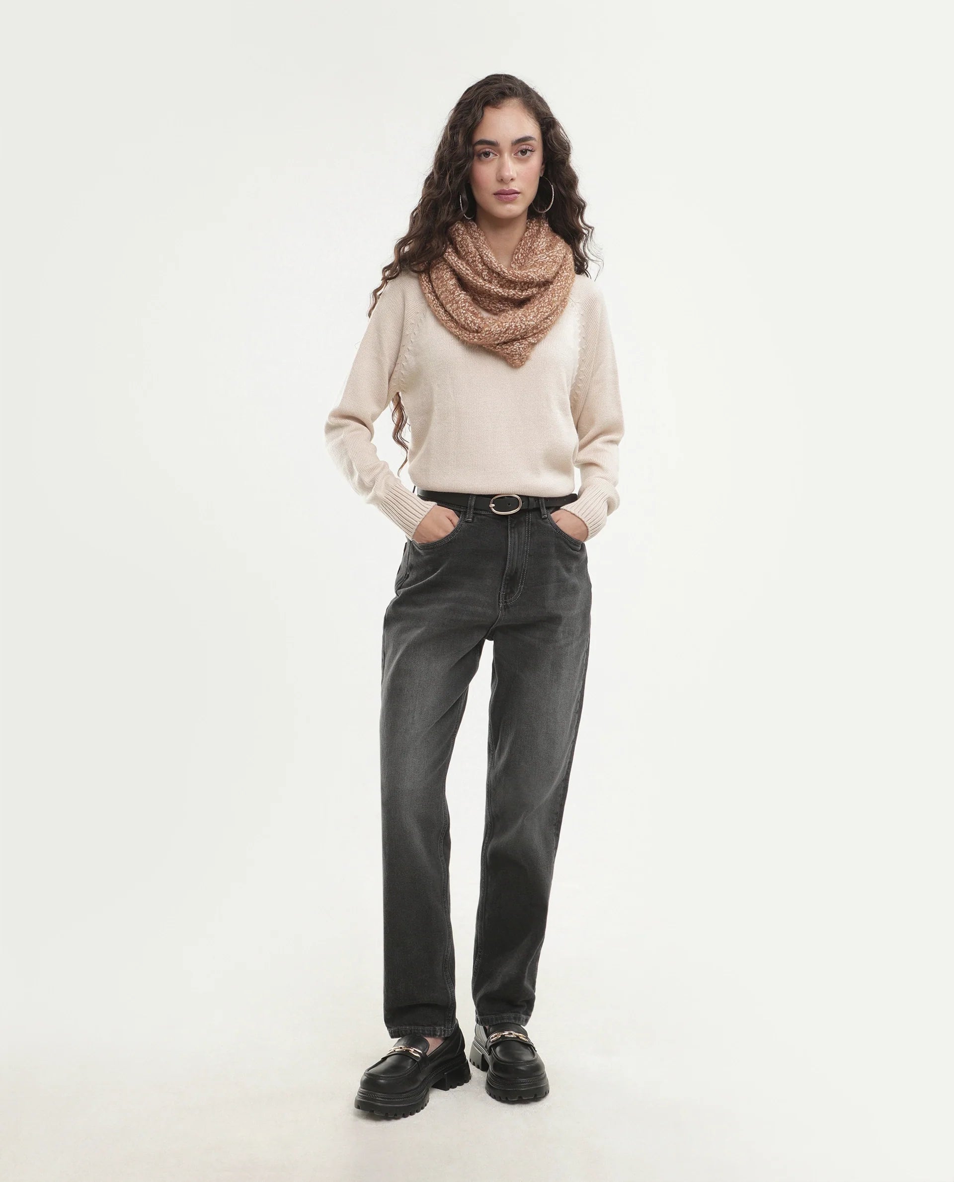Rareism Women's Mitso Light Beige Acrylic Crew Neck Relaxed Fit Plain Sweater