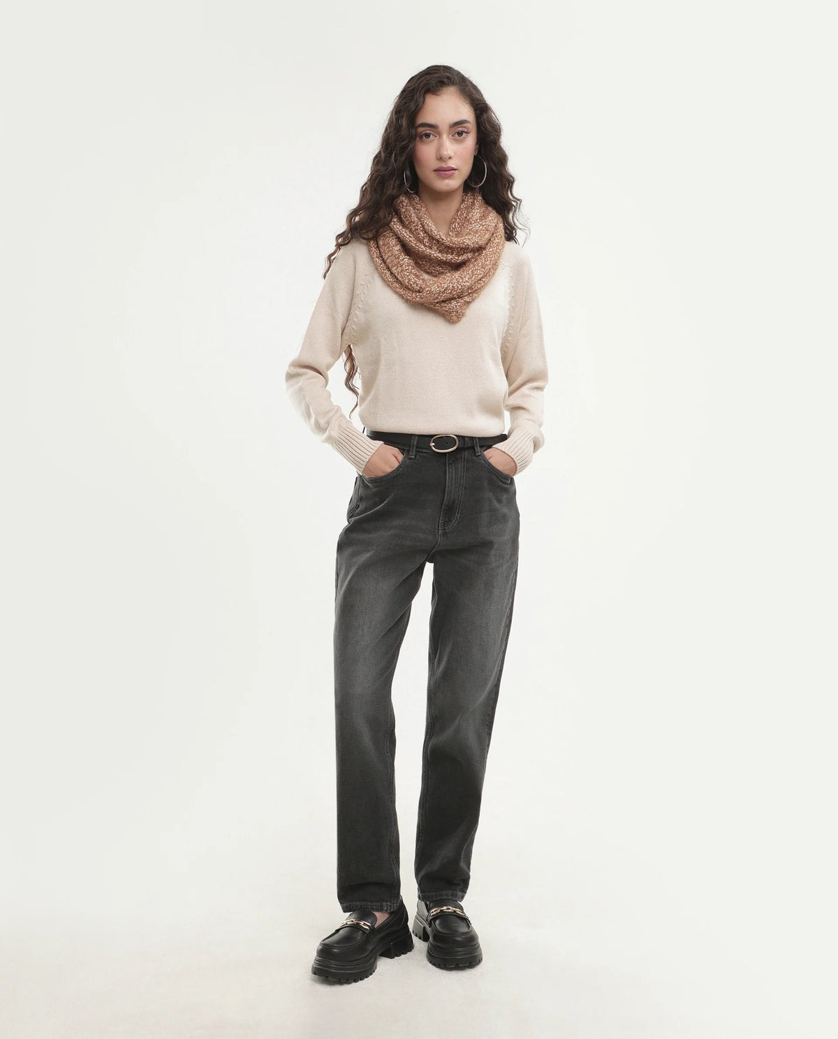 Rareism Women's Mitso Light Beige Acrylic Crew Neck Relaxed Fit Plain Sweater